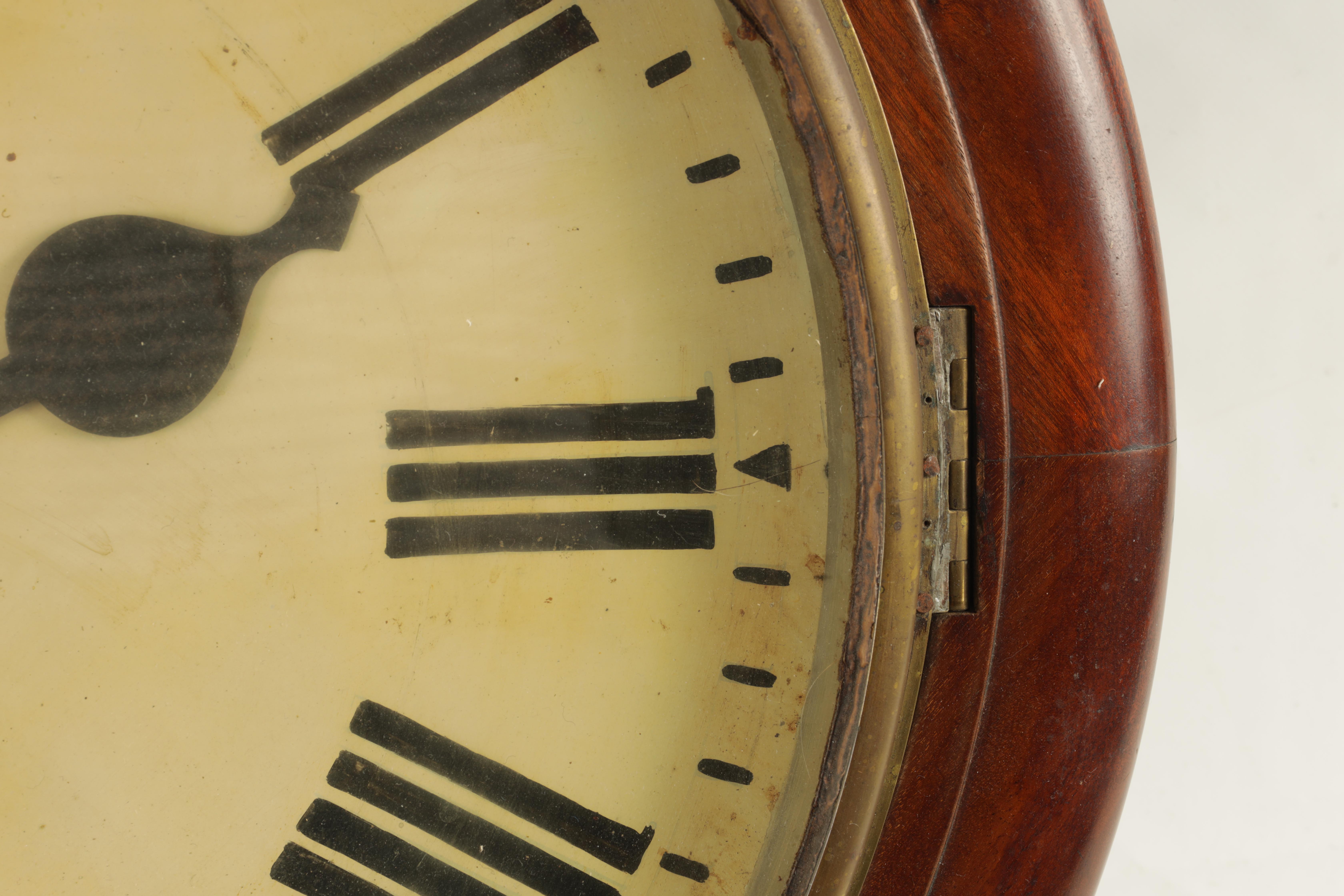 A LARGE LATE 19TH CENTURY FUSEE WALL CLOCK the moulded mahogany surround with a brass bezel - Image 3 of 7