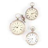 A COLLECTION OF THREE SILVER POCKET WATCHES the larger being a centre second chronograph with key