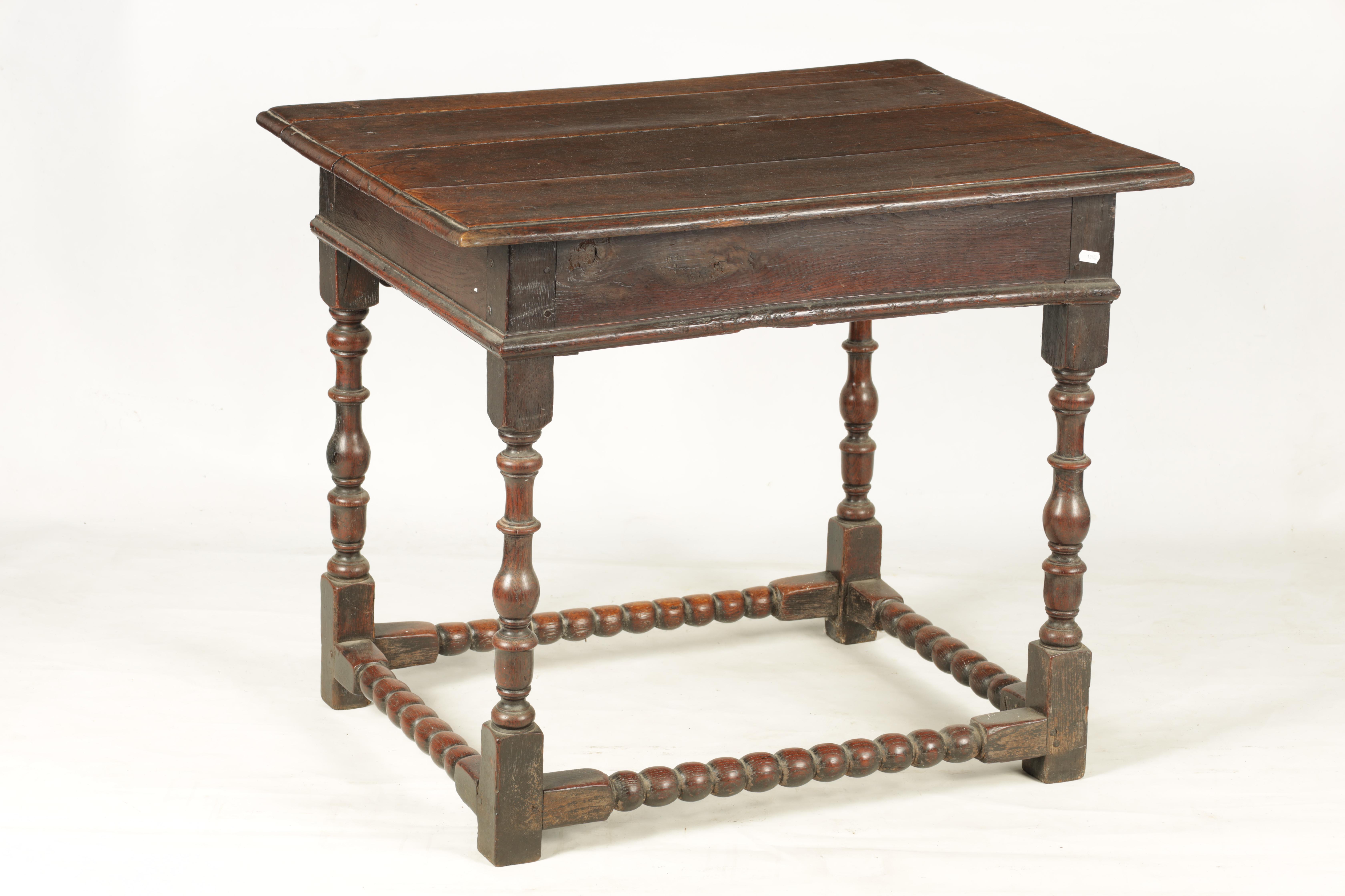 A 17TH CENTURY JOINED OAK SIDE TABLE with panelled frieze drawer and shaped pierced corner blocks; - Image 8 of 8