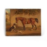 A 19TH CENTURY OIL ON BOARD depicting a standing horse being held by a seated dog holding a whip