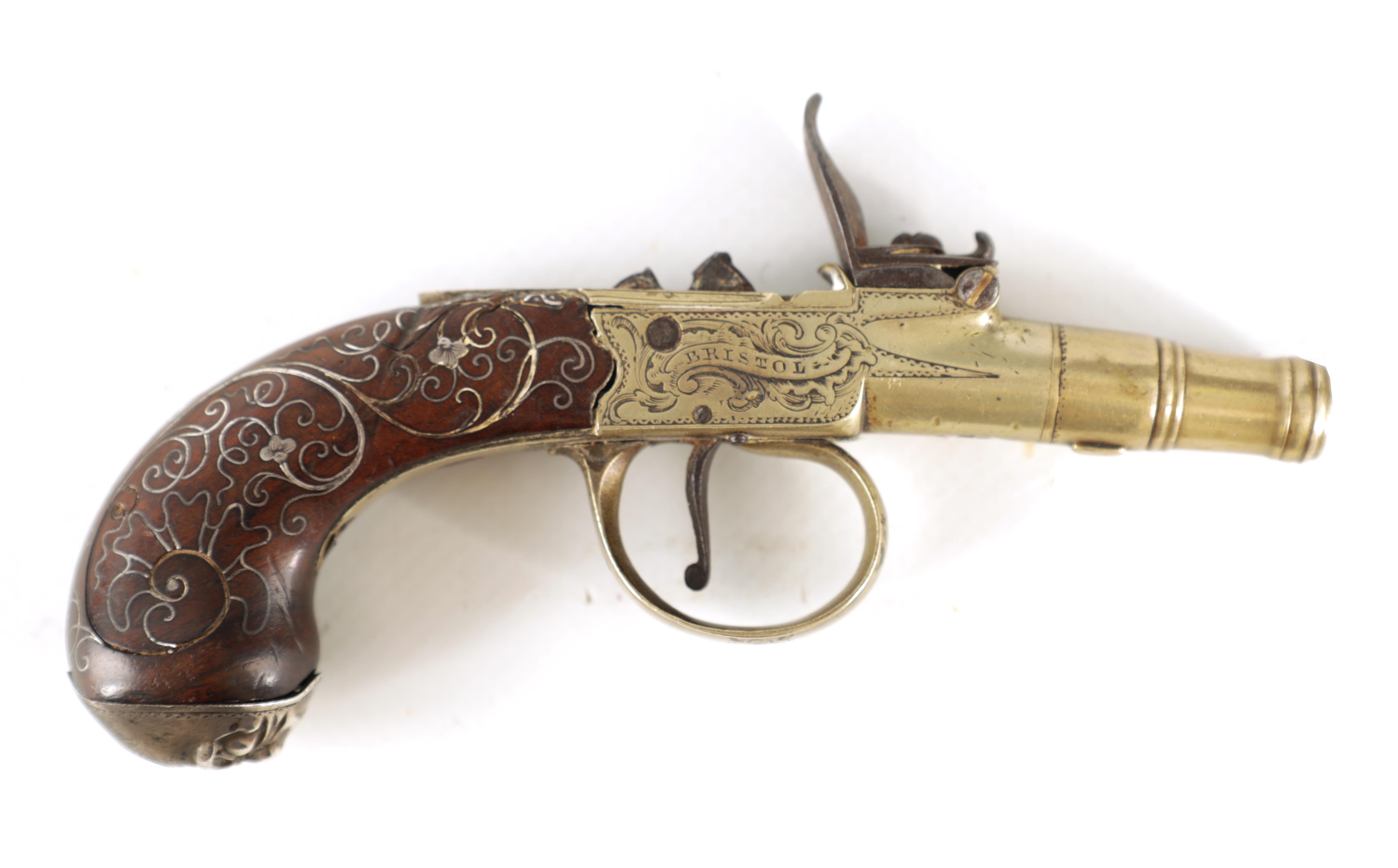 HUGH VERNCOMB, BRISTOL A GEORGE III PACTONG AND WALNUT FLINTLOCK MUFF PISTOL with a cannon-type