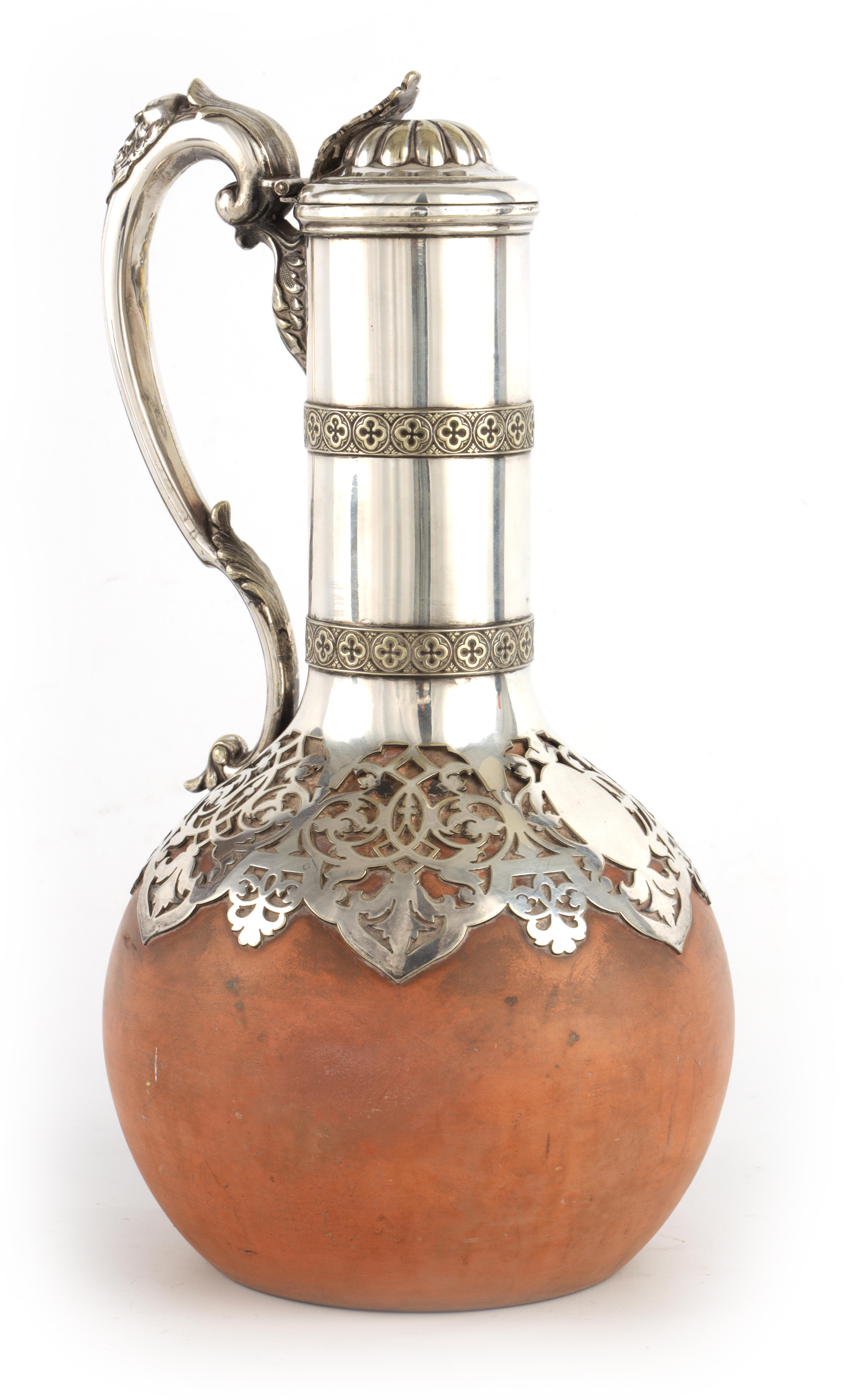 AN UNUSUAL LATE 19TH CENTURY SILVER PLATED CLARET JUG with Wedgewood stoneware body and pierced