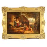 A LATE GEORGIAN OIL ON CANVAS IN THE MANNER OF DAVID WILKIE depicting a country cottage scene 54cm