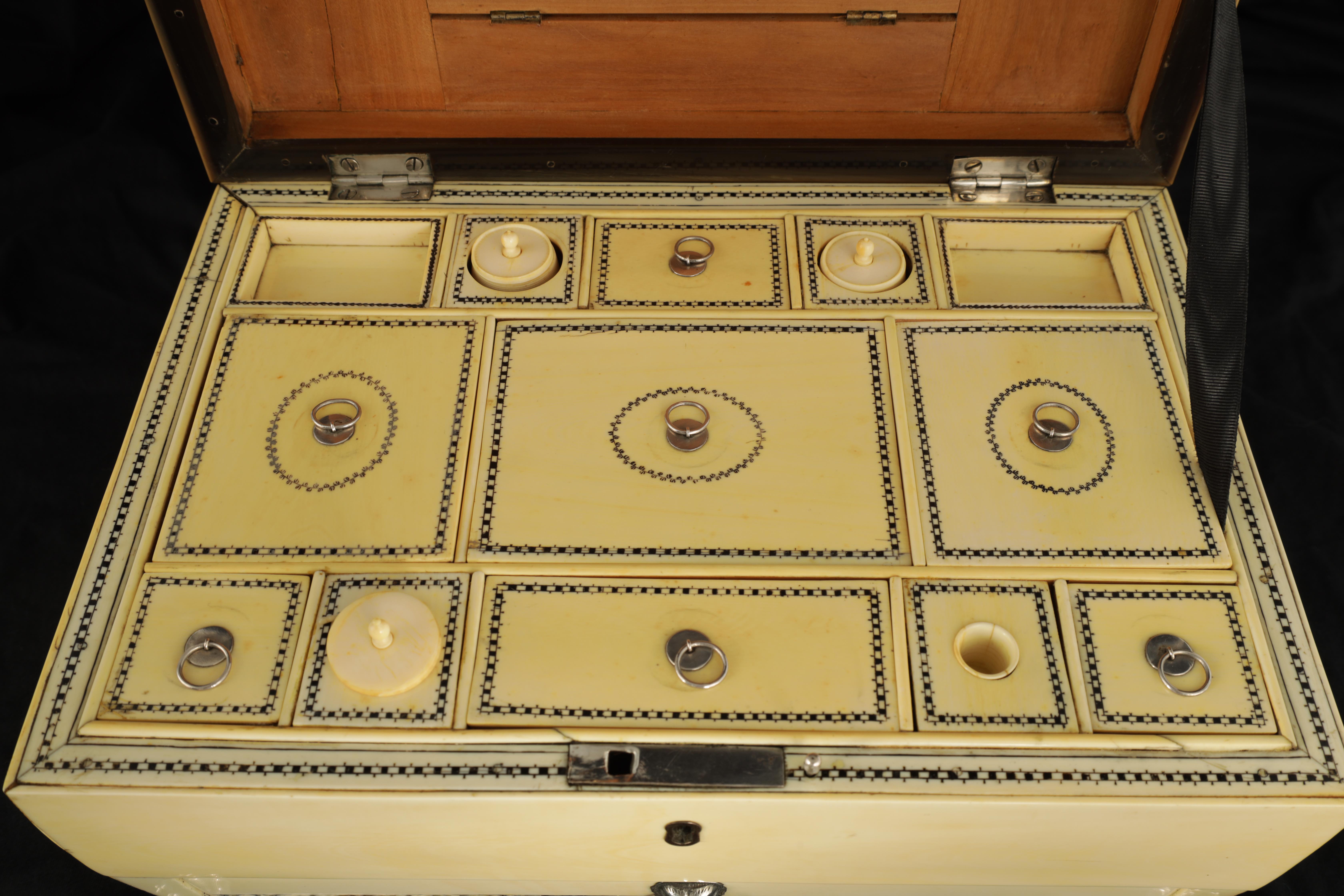 A FINE EARLY 19TH CENTURY ANGLO-INDIAN SILVER MOUNTED VIZAGAPATAM IVORY WORK-BOX set with finely - Image 9 of 15