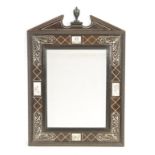 A 19TH CENTURY ITALIAN EBONY AND BONE INLAID HANGING MIRROR with architectural pediment above a