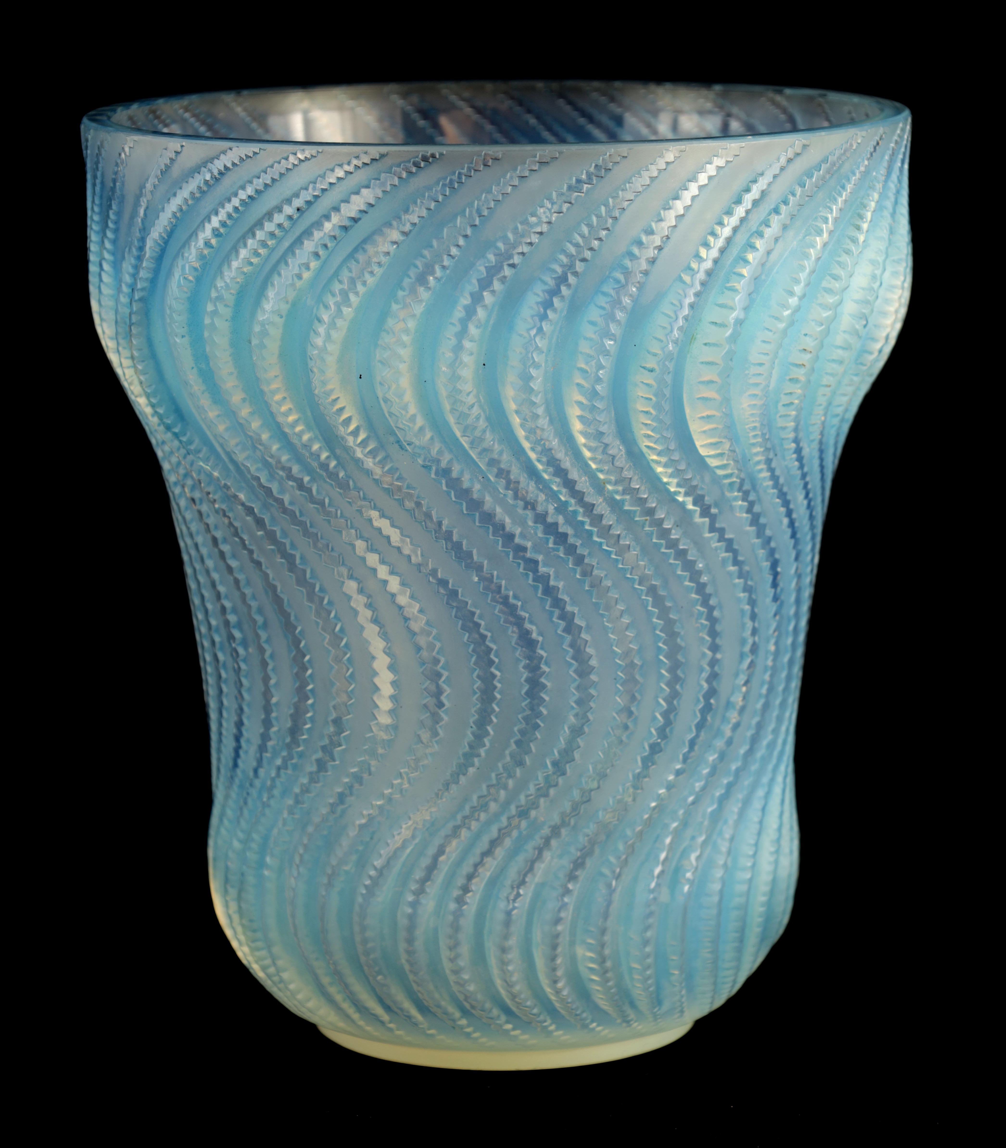 AN R LALIQUE FRANCE "ACTINIA" OPALESCENT AND BLUE STAINED GLASS VASE with flared body decorated in a