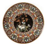 AN IMPRESSIVE JAPANESE MEIJI PERIOD CLOISONNE ENAMEL CHARGER finely decorated with cranes amongst