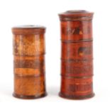 TWO EARLY 19TH CENTURY SYCAMORE TREEN SPICE TOWERS with original labels, the three stack 15cm