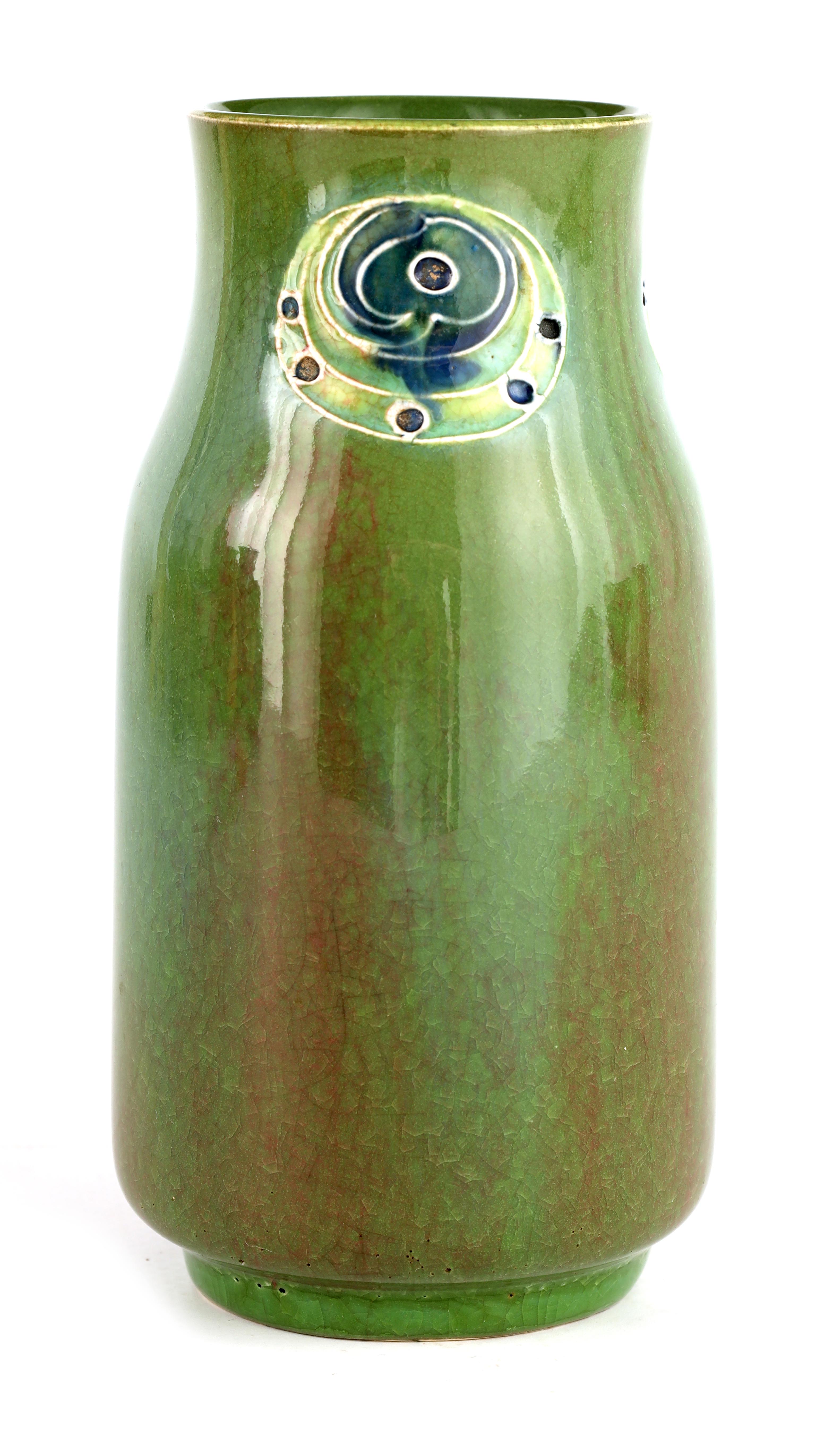 A MOORCROFT PALE GREEN FLAMMINIAN WARE SHOULDERED CYLINDRICAL VASE MADE FOR LIBERTY AND CO with