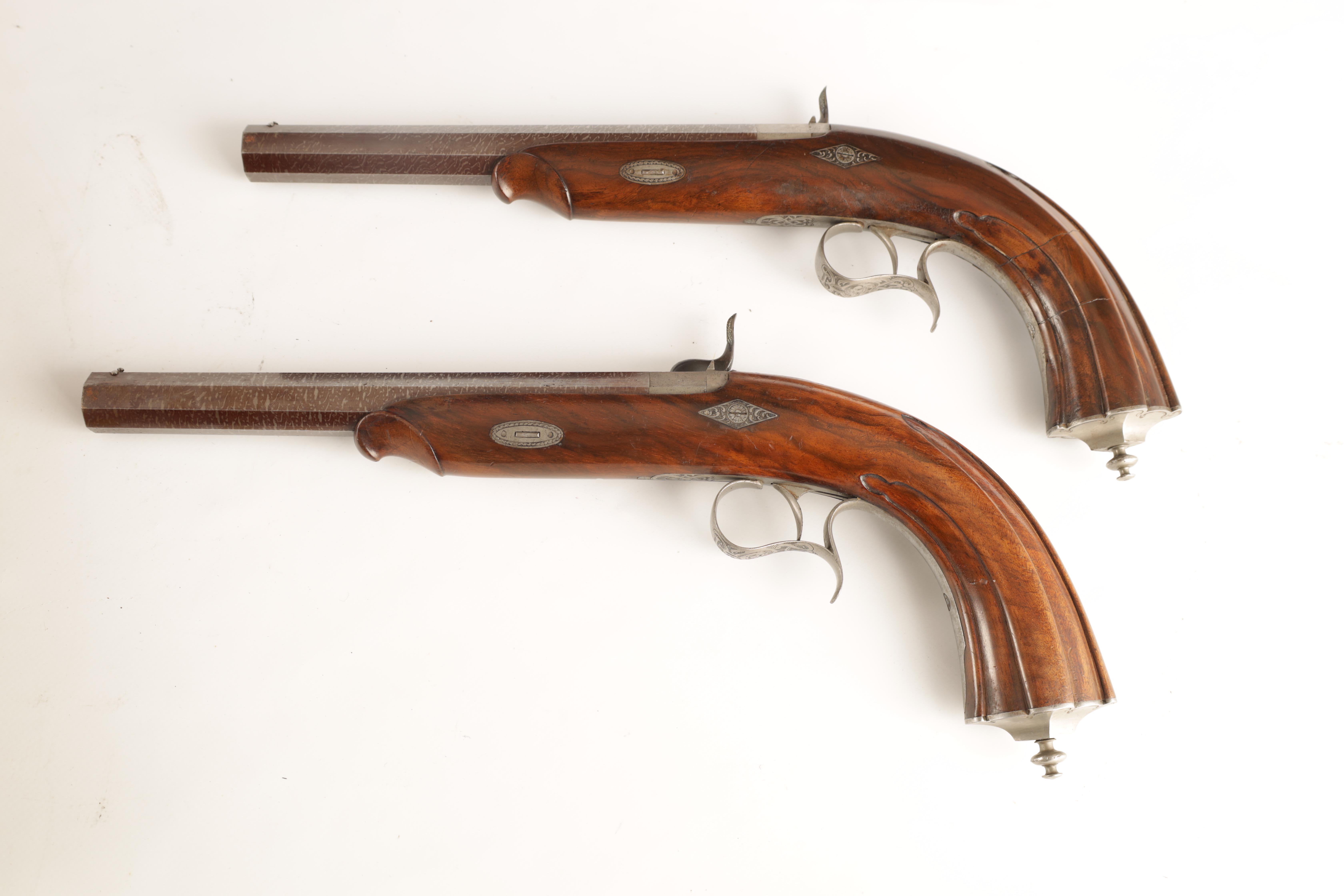 A CASED PAIR OF MID 19TH CENTURY CONTINENTAL PERCUSSION TARGET PISTOLS the damask octagonal - Image 12 of 19