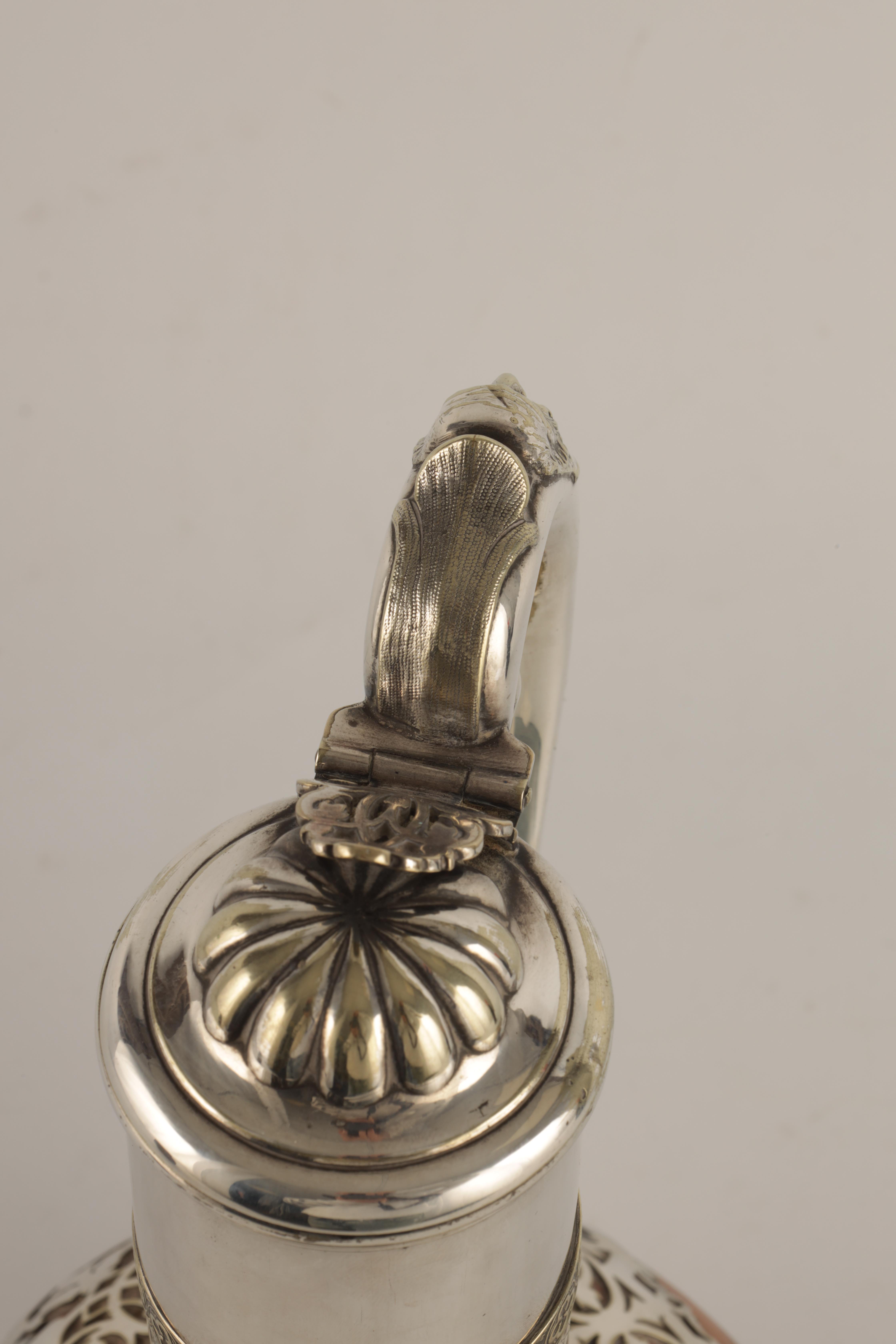 AN UNUSUAL LATE 19TH CENTURY SILVER PLATED CLARET JUG with Wedgewood stoneware body and pierced - Image 5 of 7