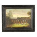 A 19TH CENTURY NIAEVELY PAINTED OILON TIN depicting a steam train on a viaduct with cattle in the