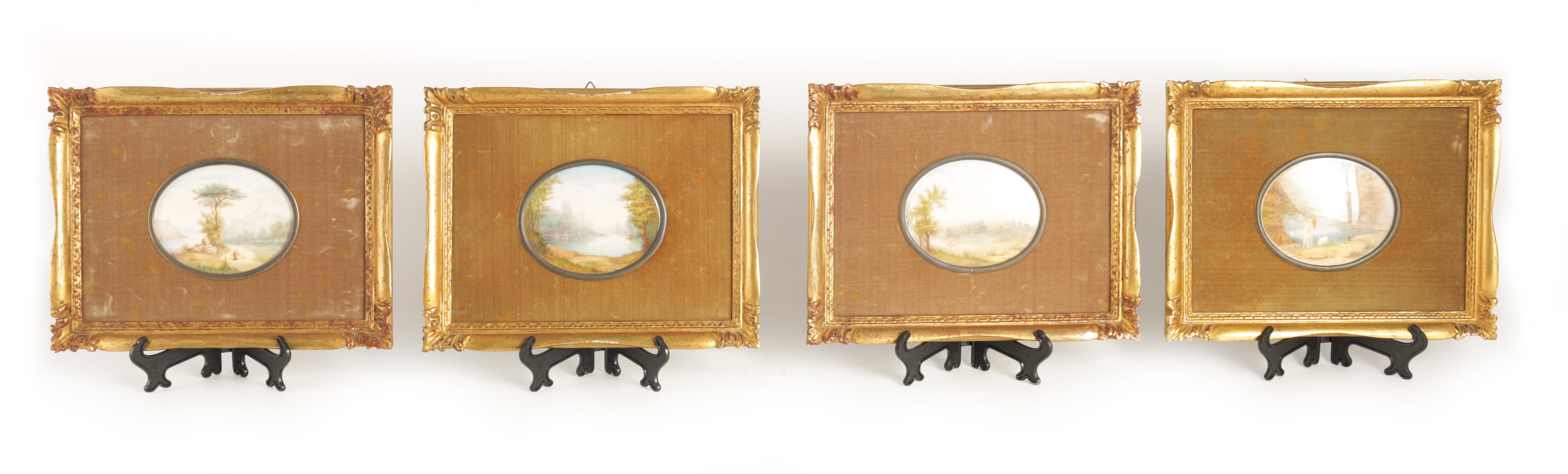 R. MASUTTI A SET OF FOUR LATE 19TH CENTURY OVAL MINIATURES ON IVORY landscape and lake views 9cm