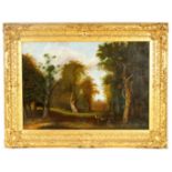 AN 18TH CENTURY OIL ON CANVAS depicting a tree-lined view of Windsor castle with park deer in the