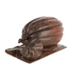 A 19TH CENTURY CARVED OAK SCULPTURE modelled as a pumpkin on a naturalistic base 23.5cm wide, 13cm