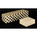 AN ANGLO INDIAN CHEQUERED BALINE AND BONE INLAID HARDWOOD BOX 27cm wide 9cm deep 7cm high TOGETHER