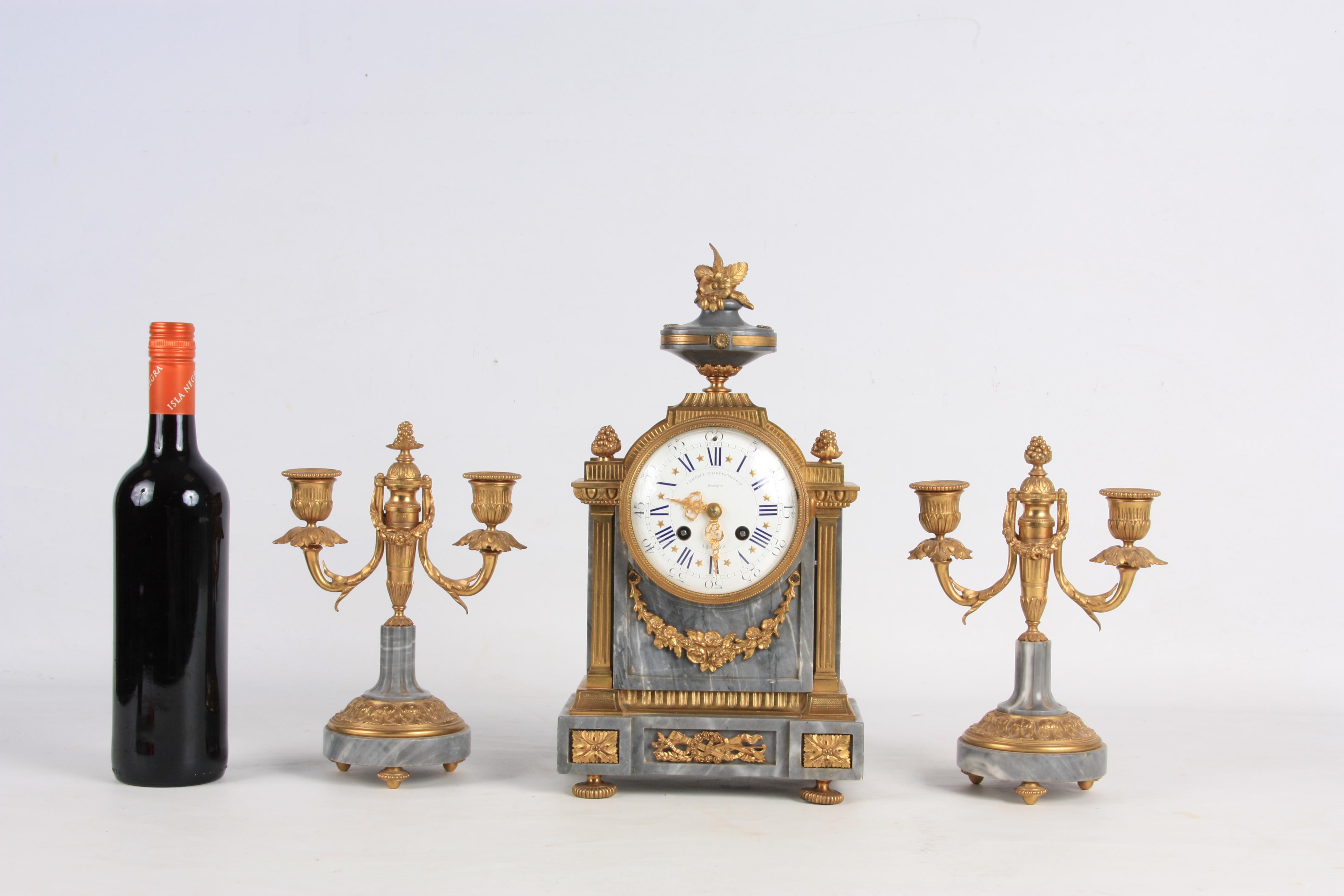 LEMERLE-CHARPENTIER & CIE, PARIS A MID 19TH CENTURY FRENCH MARBLE AND ORMOLU CLOCK GARNITURE the - Image 2 of 14