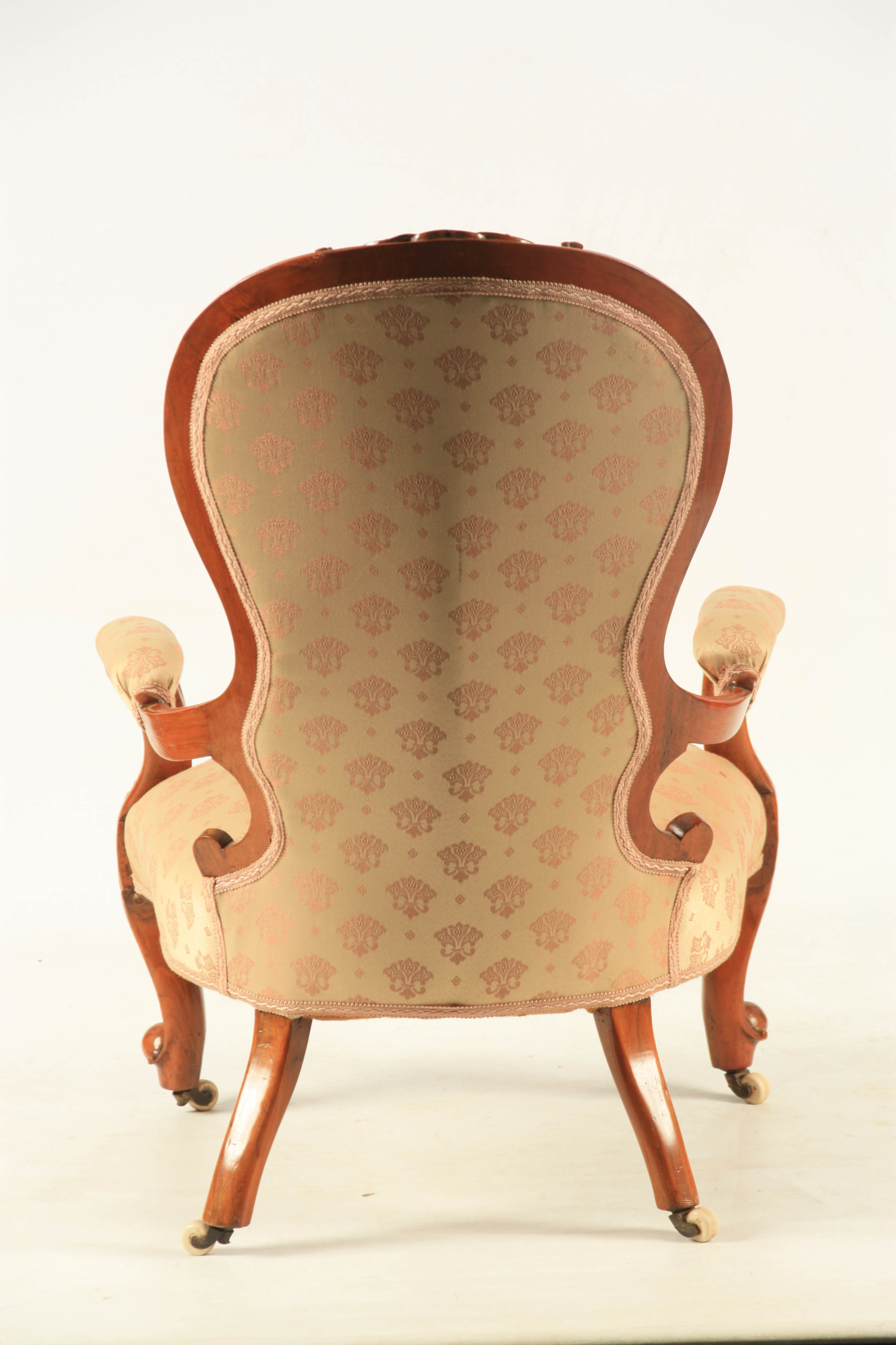 A MID 19TH CENTURY WALNUT UPHOLSTERED DRAWING ROOM CHAIR with shaped button back, joined by open - Image 7 of 8