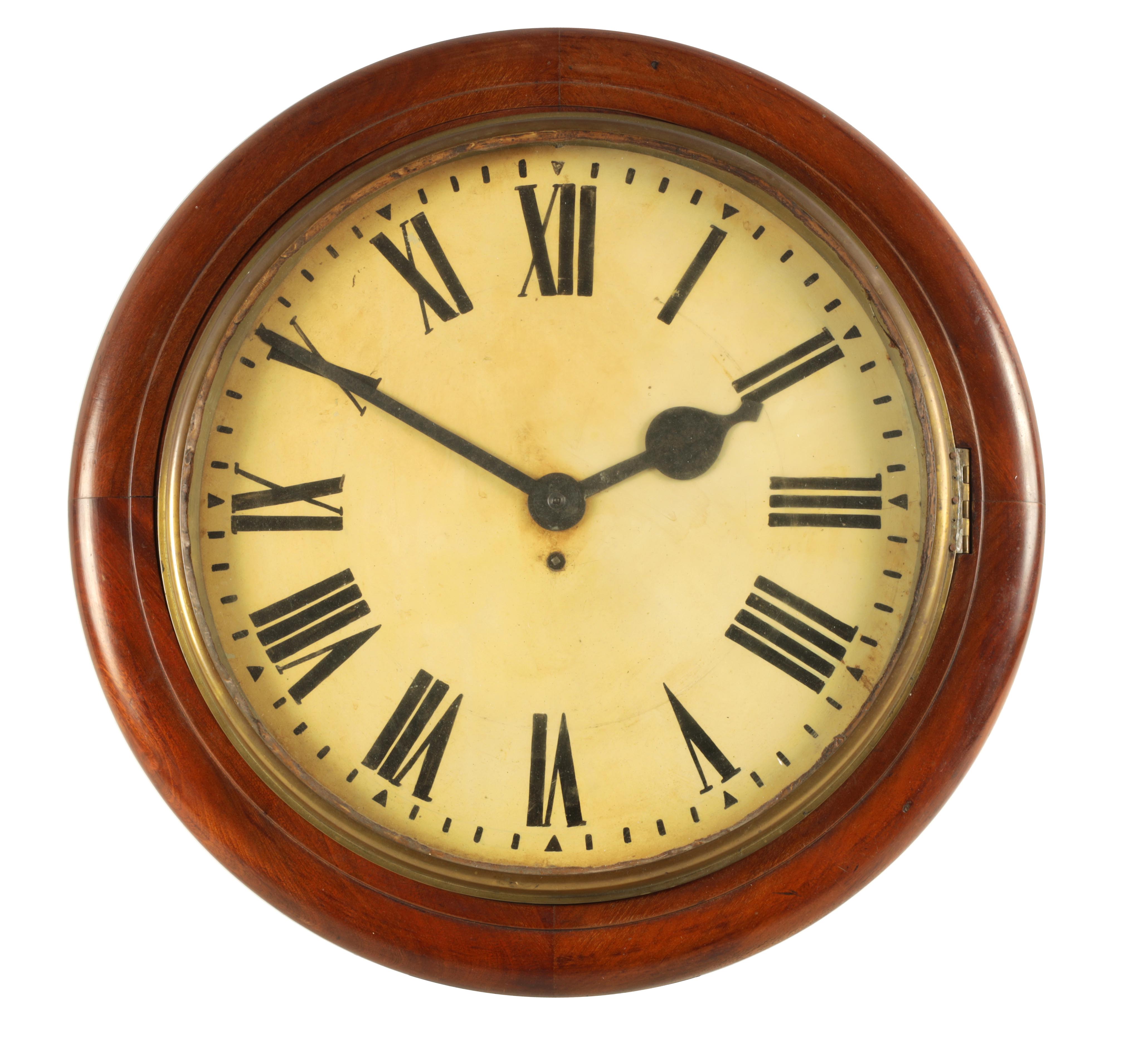 A LARGE LATE 19TH CENTURY FUSEE WALL CLOCK the moulded mahogany surround with a brass bezel