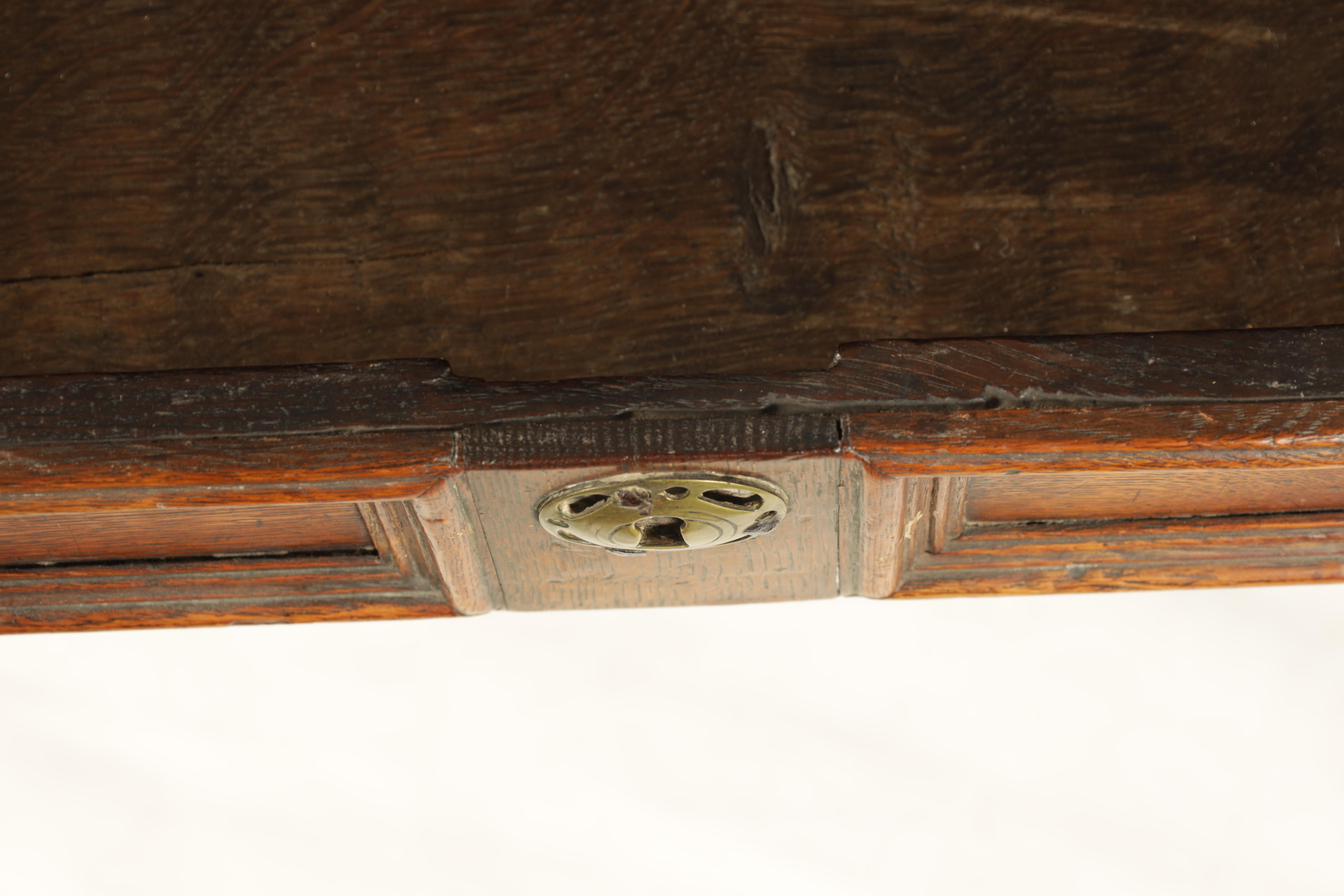 A 17TH CENTURY JOINED OAK SIDE TABLE with panelled frieze drawer and shaped pierced corner blocks; - Image 6 of 8