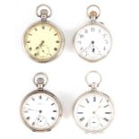 A COLLECTION OF FOUR SILVER CASED POCKET WATCHES one made by Waltham, U.S.A. having engine-turned