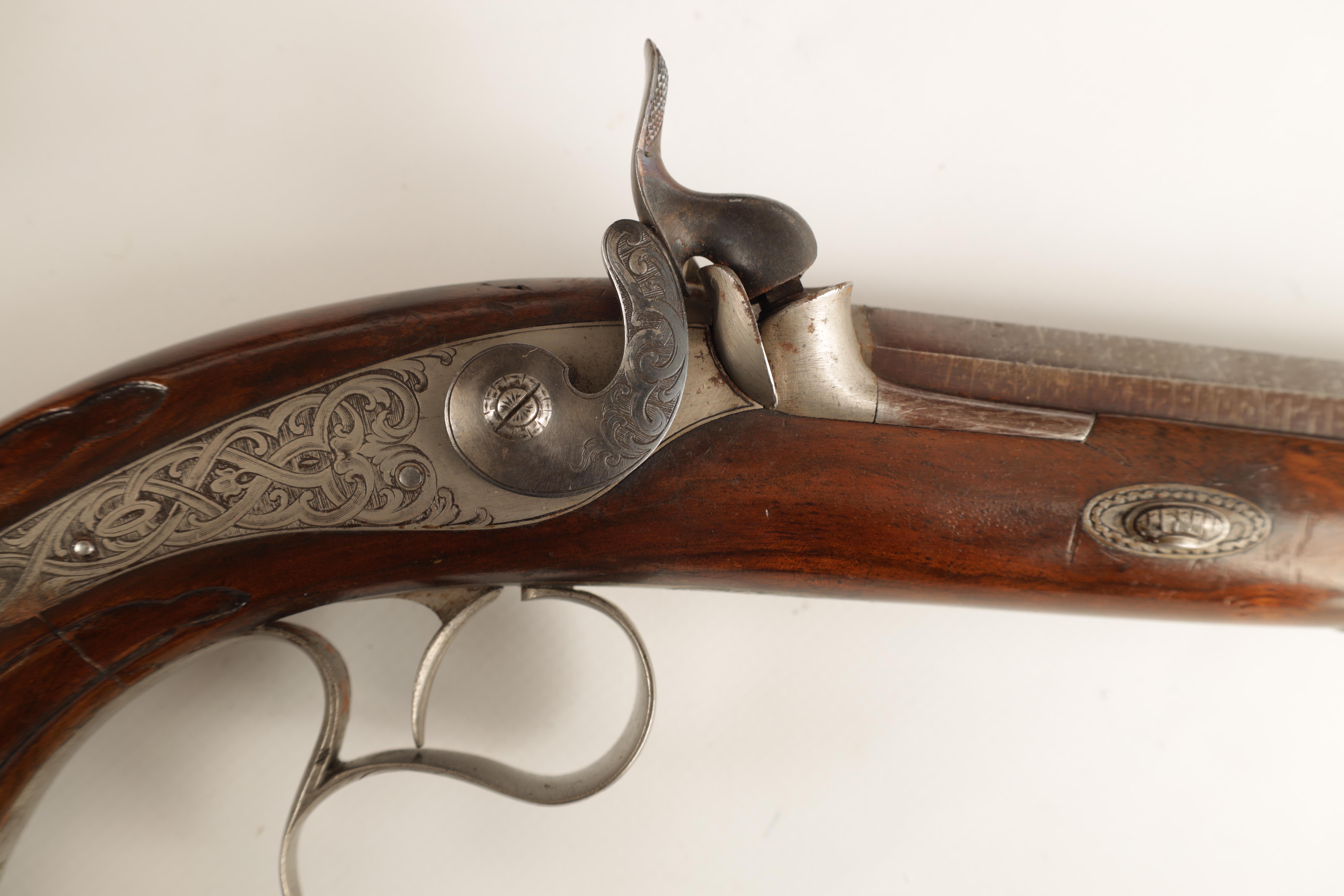 A CASED PAIR OF MID 19TH CENTURY CONTINENTAL PERCUSSION TARGET PISTOLS the damask octagonal - Image 18 of 19