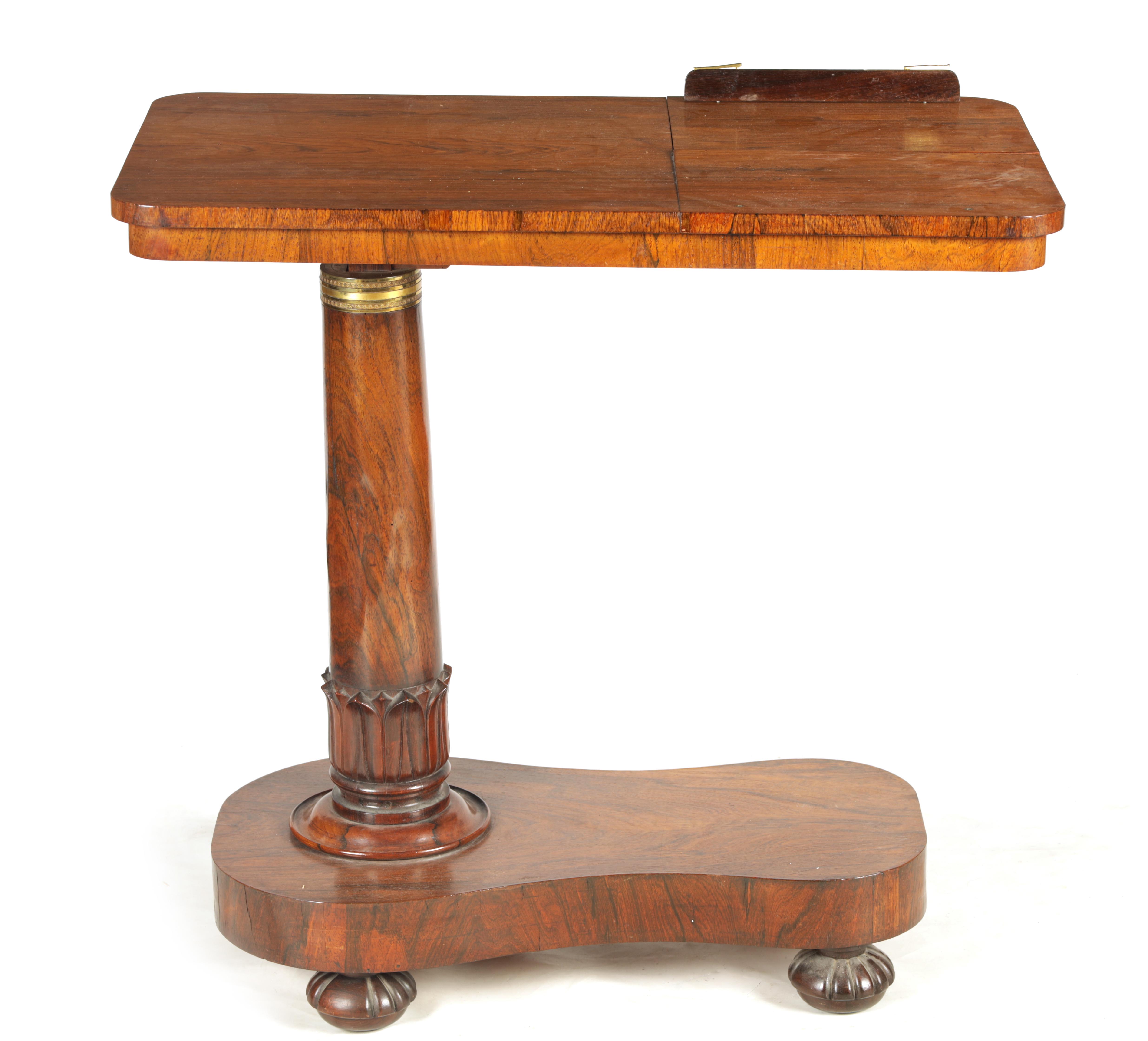 AN UNUSUAL WILLIAM IV ROSEWOOD BEDSIDE READING/ WRITING TABLE with adjustable top and hinged reading