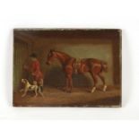 A 19TH CENTURY OIL ON BOARD Horse in a stable with huntsman and hound 15cm high 20.5cm wide