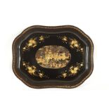 A 19TH CENTURY SERPENTINE SHAPED CHINOISERIE LACQUERED TRAY the centre panel with figures in a