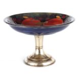 A 1930S/40S MOORCROFT TAZZA WITH SILVER PLATED PEDESTAL FOOT tube lined and decorated in the