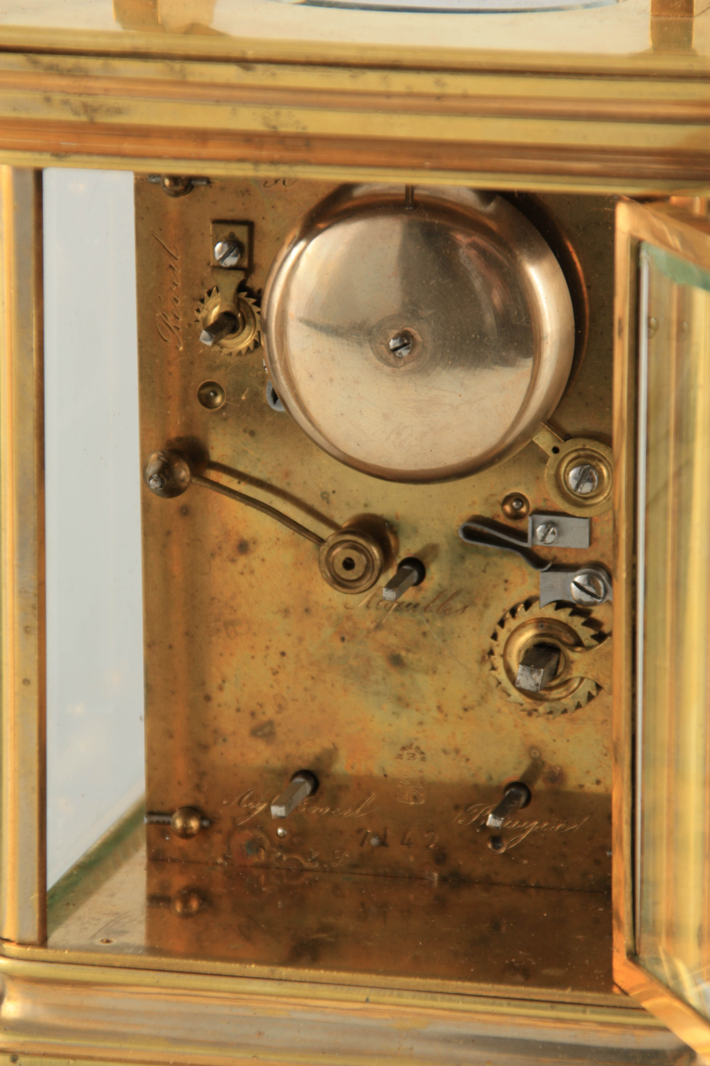 A LARGE AND UNUSUAL 19TH CENTURY FRENCH CARRIAGE CLOCK WITH TWO ALARM DIALS the brass moulded case - Image 11 of 17