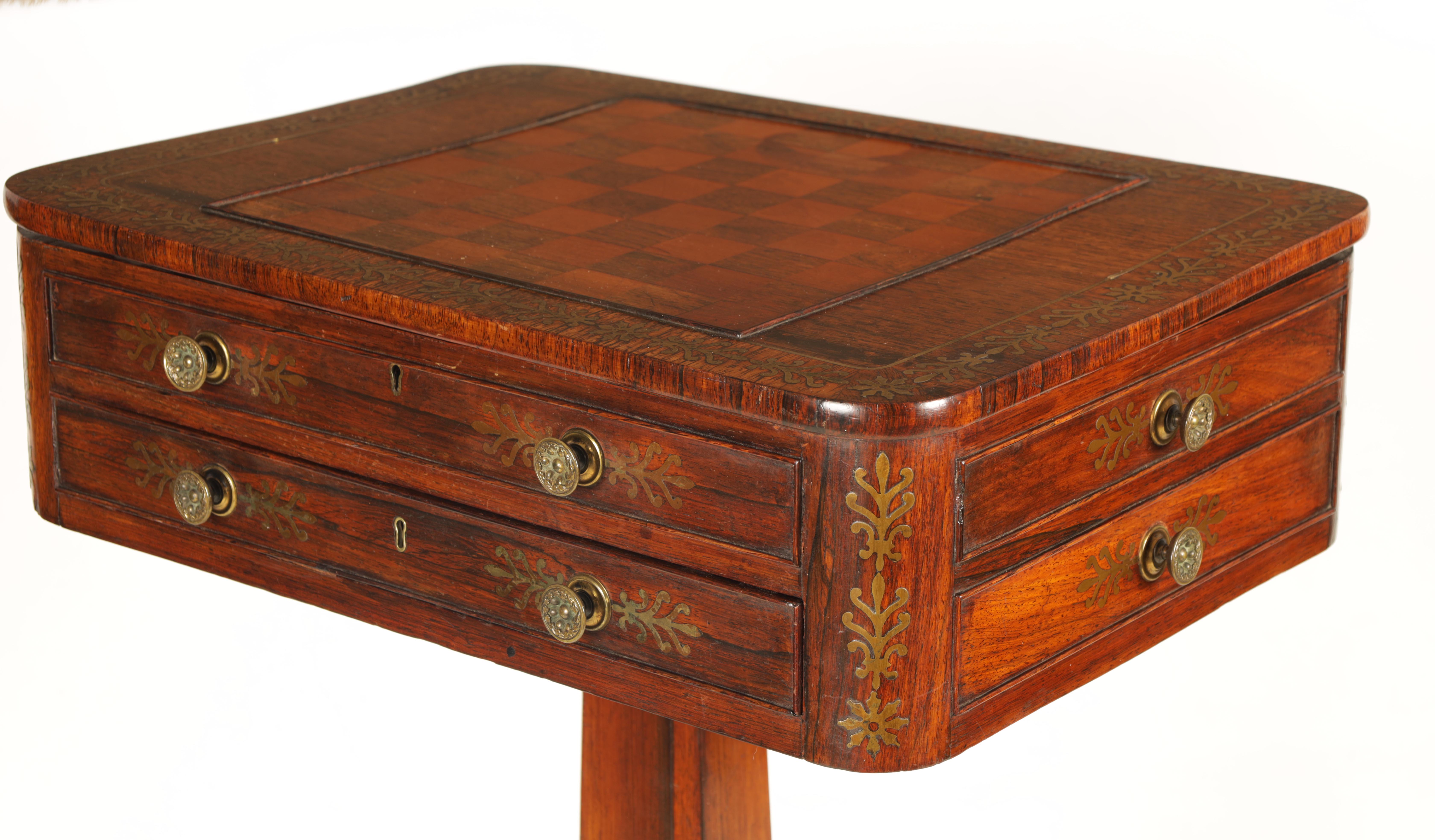 GILLOWS LANCASTER A REGENCY BRASS INLAID FIGURED ROSEWOOD WORK BOX with hinged floral inlaid chess - Image 2 of 16