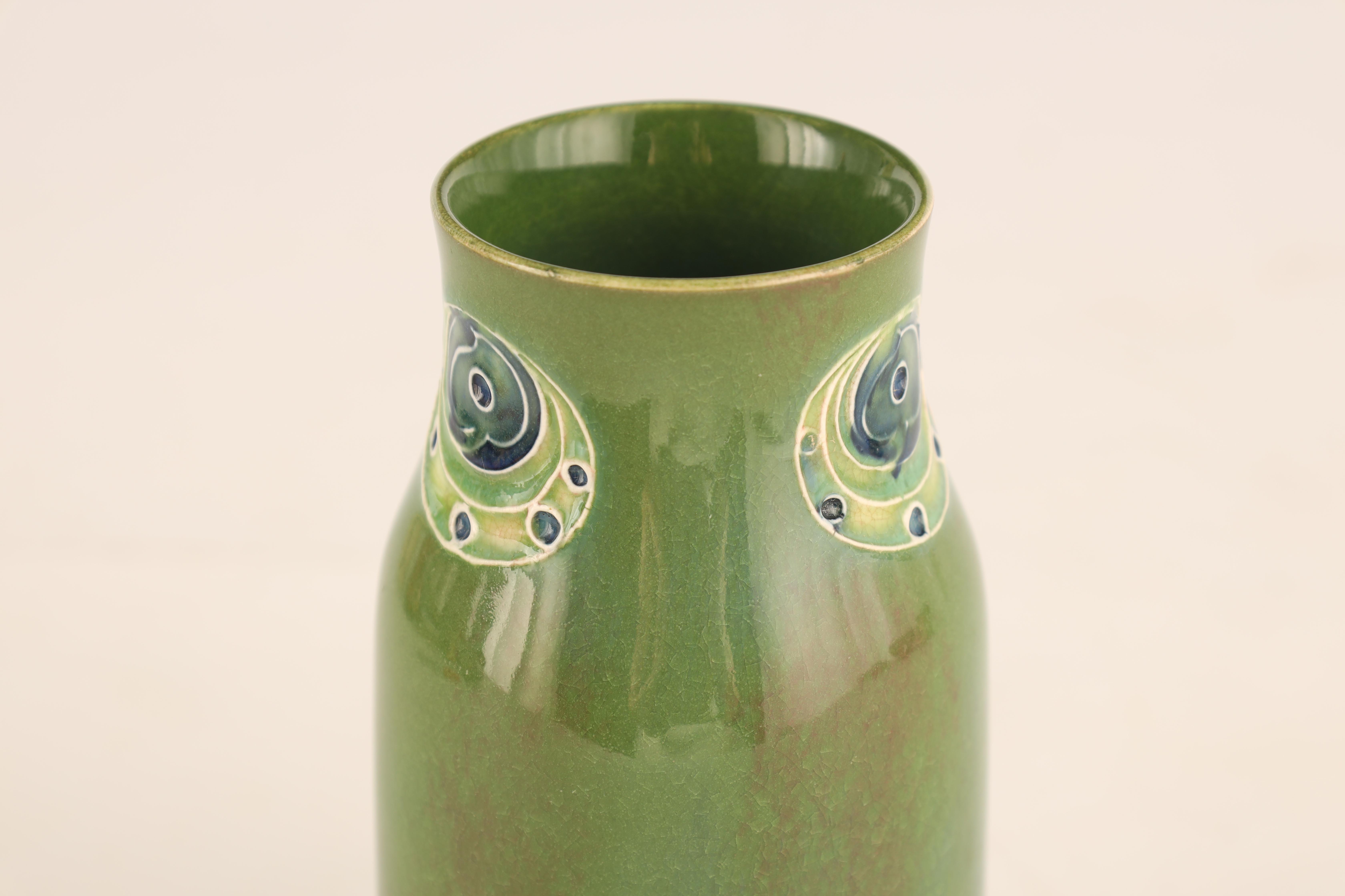 A MOORCROFT PALE GREEN FLAMMINIAN WARE SHOULDERED CYLINDRICAL VASE MADE FOR LIBERTY AND CO with - Image 4 of 5