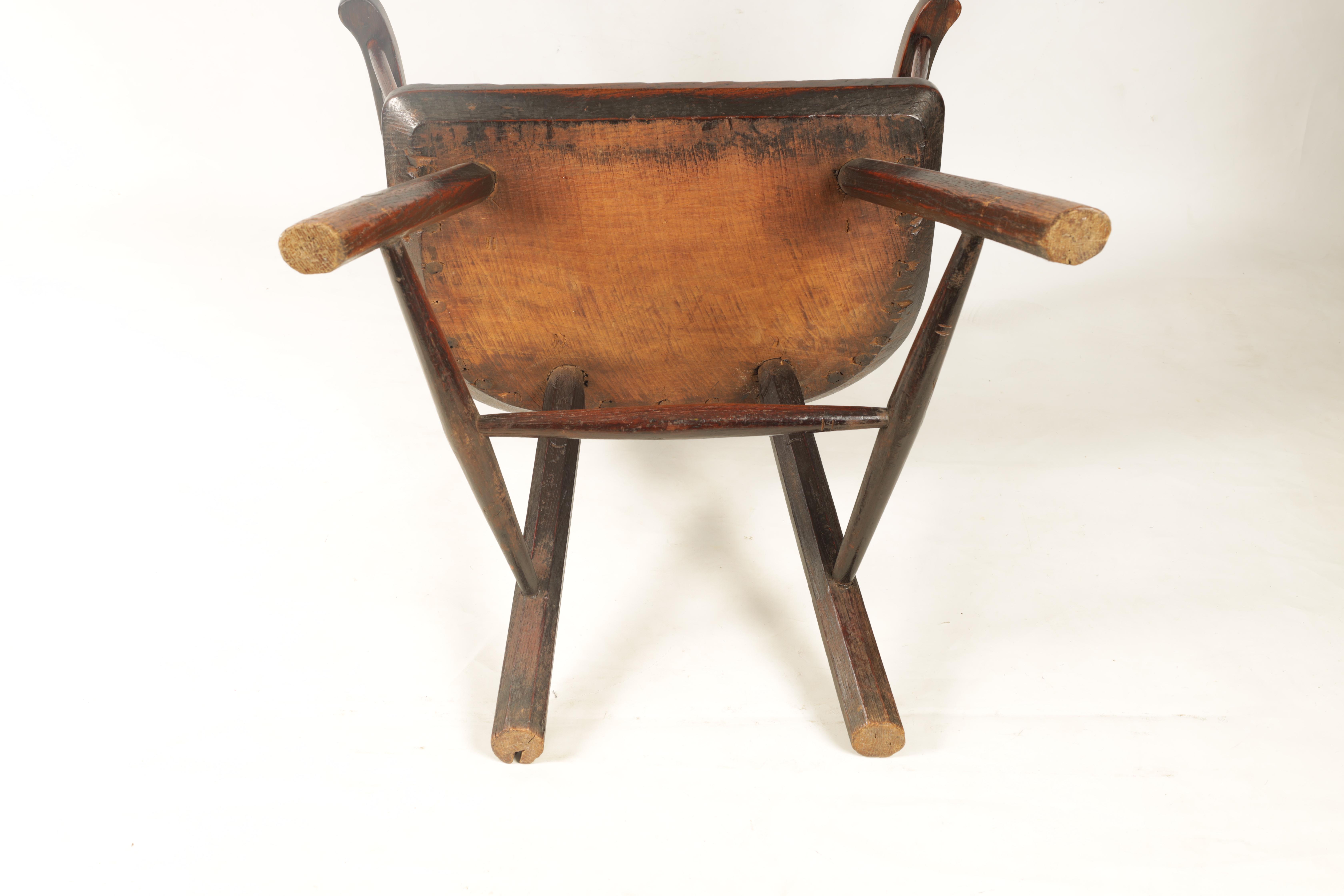 A GOOD 18TH CENTURY THAMES VALLEY OAK AND ELM WINDSOR CHAIR with shaped top rail and flared arms, - Image 10 of 11