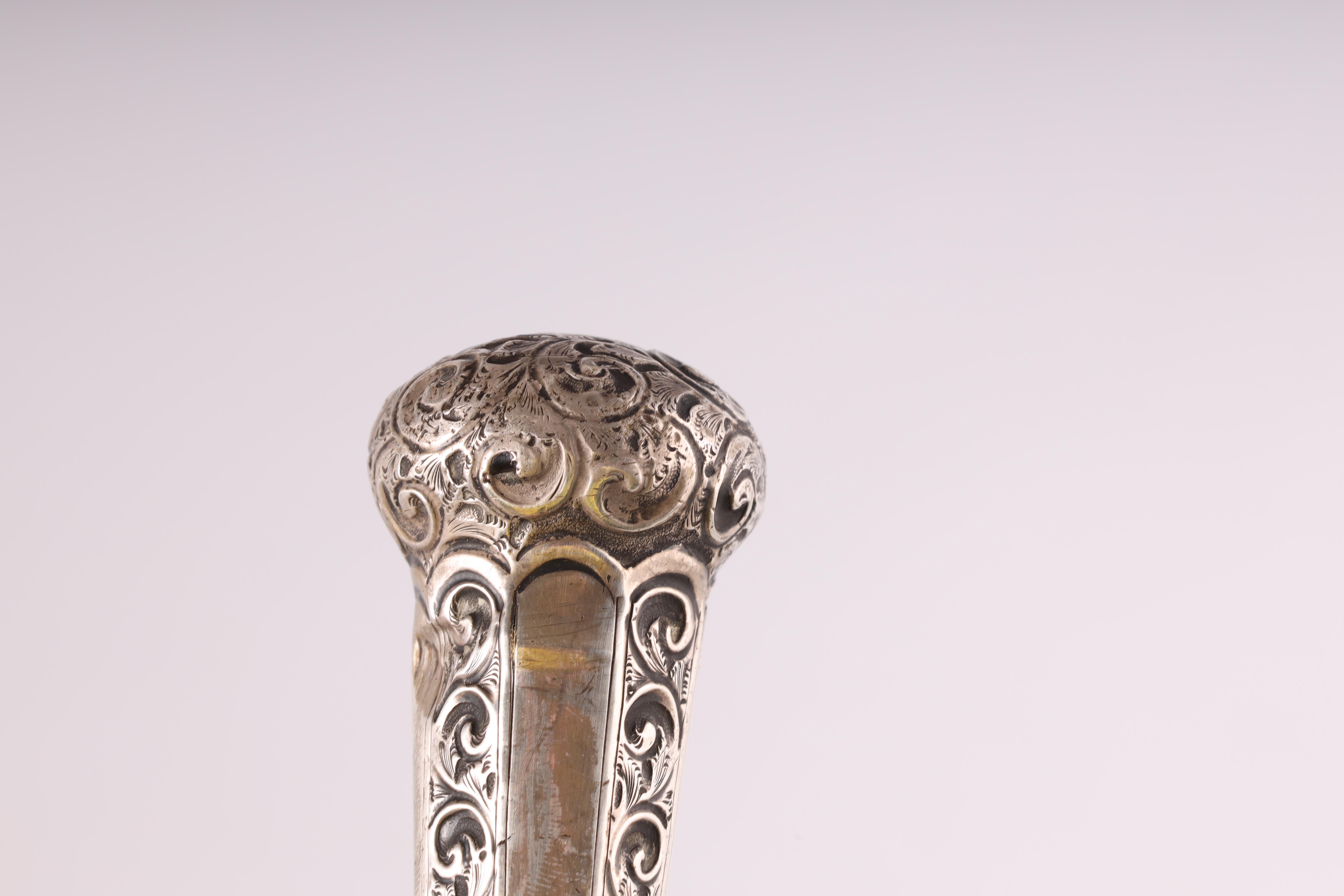 A LATE 19TH CENTURY SILVER TOPPED SWORD STICK with faceted silver pommel and scrollwork decoration - Image 5 of 8