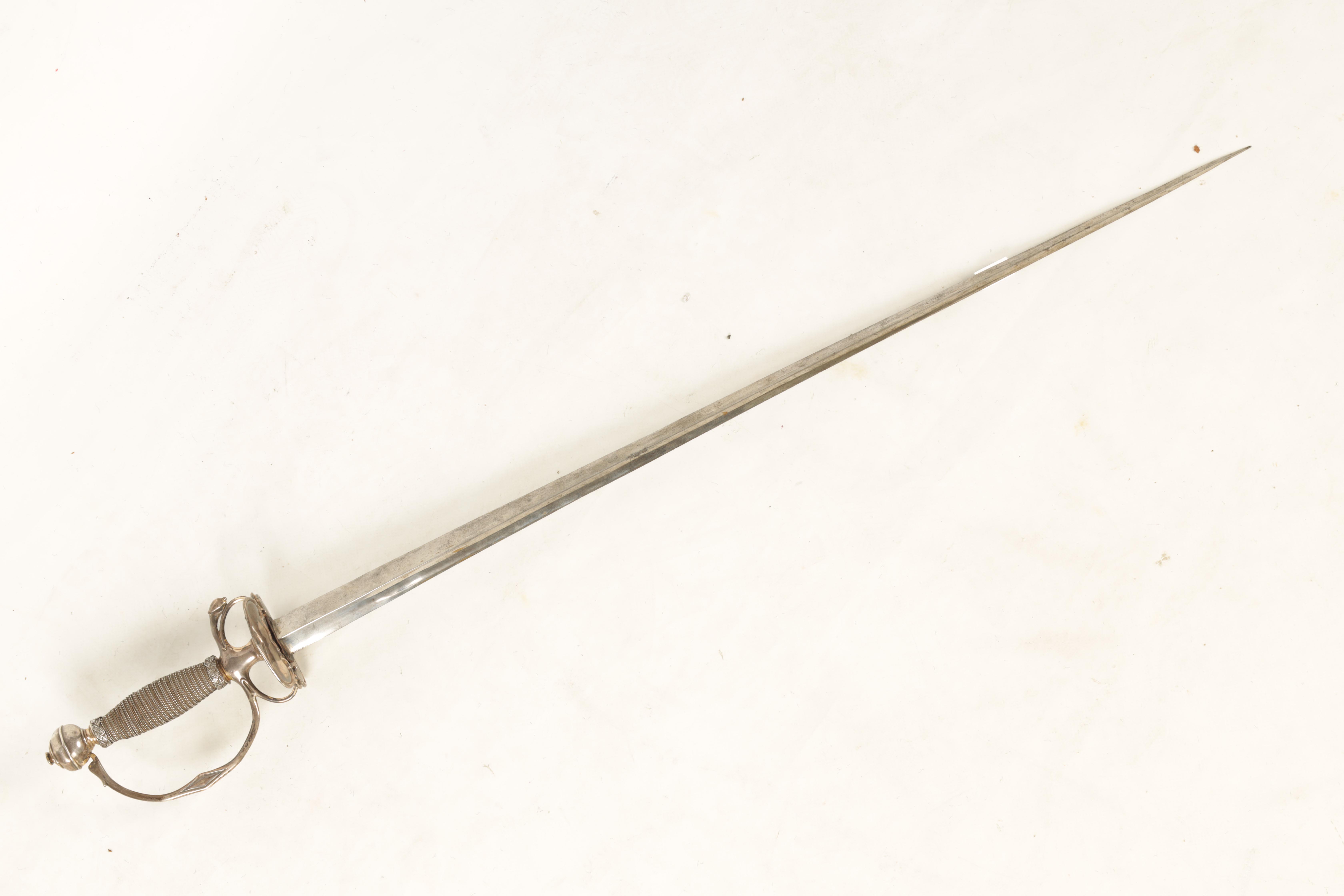 A QUEEN ANNE SILVER HILTED SMALL-SWORD the tapering steel triangular section blade with engraved - Image 10 of 11