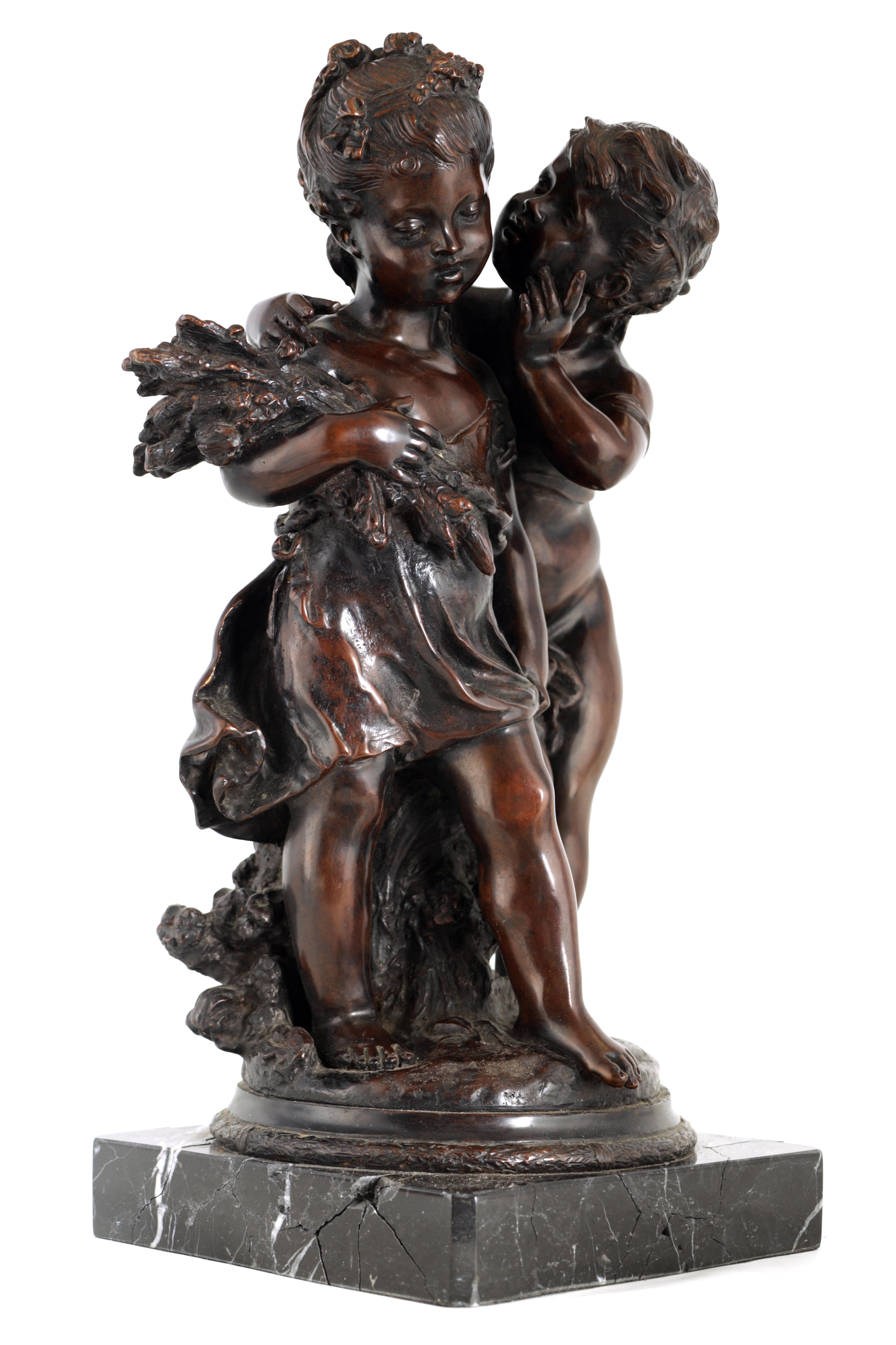 A 19TH CENTURY STYLE FRENCH BRONZE FIGURE GROUP depicting a young male and female -signed R.MOREAV - - Image 4 of 9