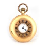 AN 18CT GOLD HALF HUNTER POCKET WATCH the sprung gold dial cover with Roman numerals enclosing an