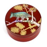 AN EARLY SILVER GILT AND RED ENAMEL MOTHER OF PEARL INLAID LIDDED BOX depicting a Pangolin in gilt