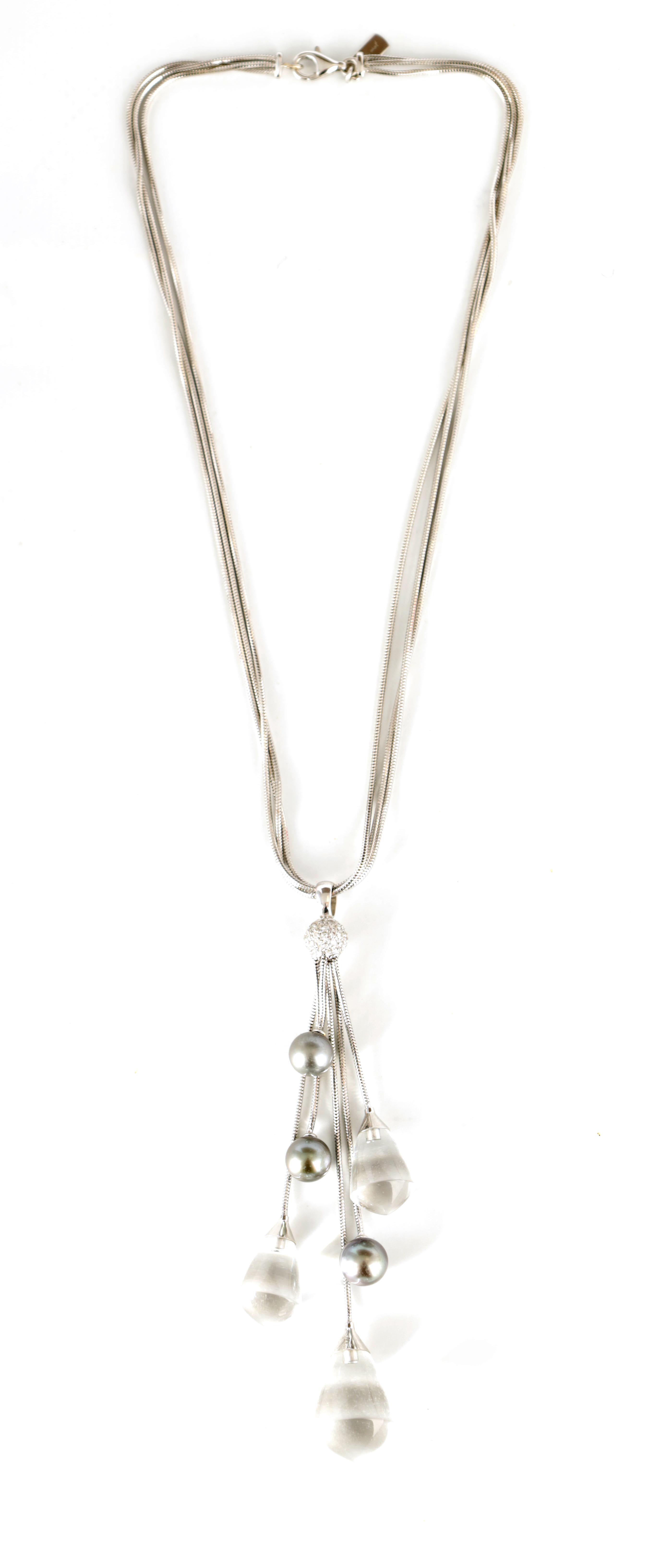 A LADIES 18CT WHITE GOLD BACCARAT DIAMOND, PEARL AND CRYSTAL NECKLACE formed as a triple chain