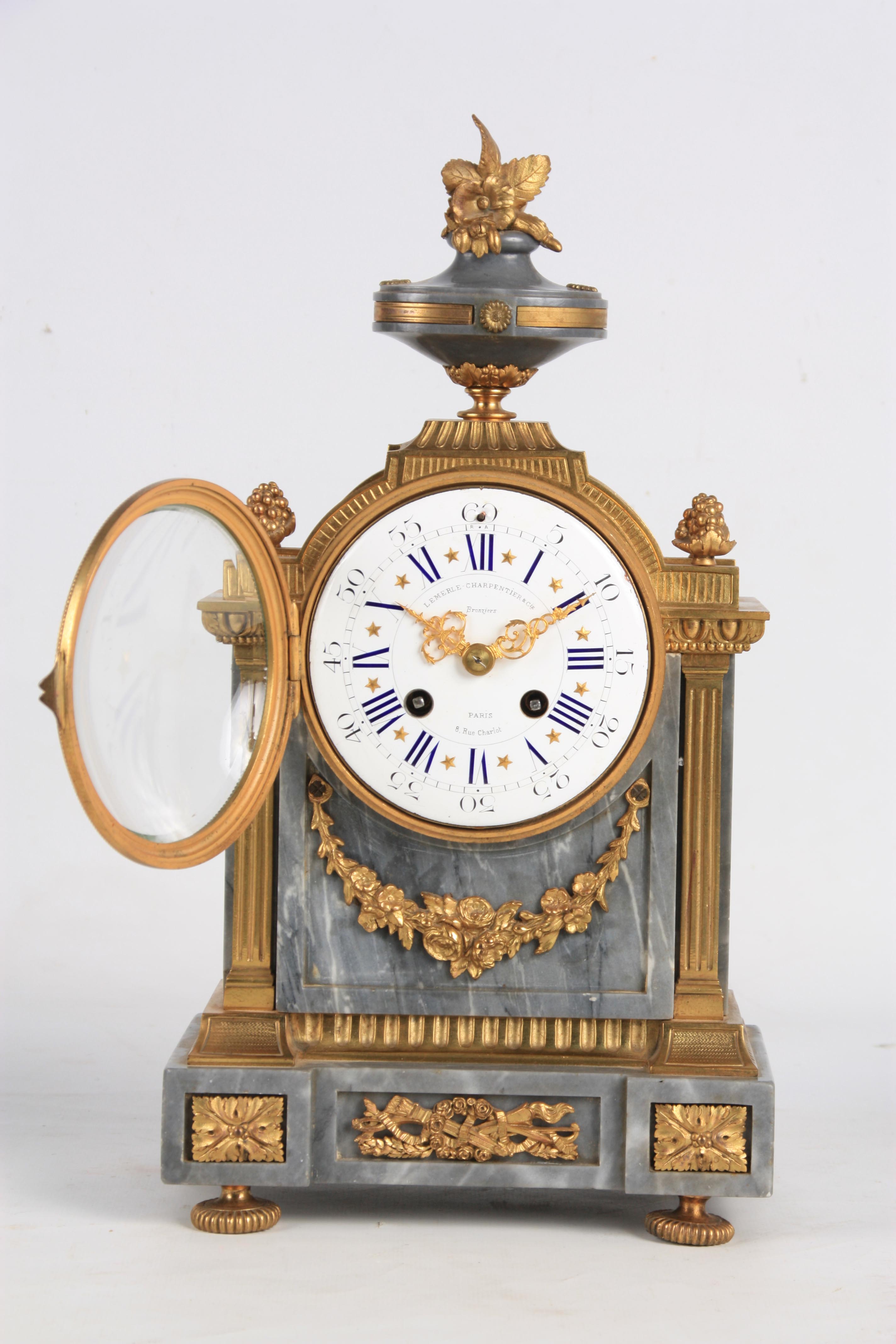 LEMERLE-CHARPENTIER & CIE, PARIS A MID 19TH CENTURY FRENCH MARBLE AND ORMOLU CLOCK GARNITURE the - Image 4 of 14