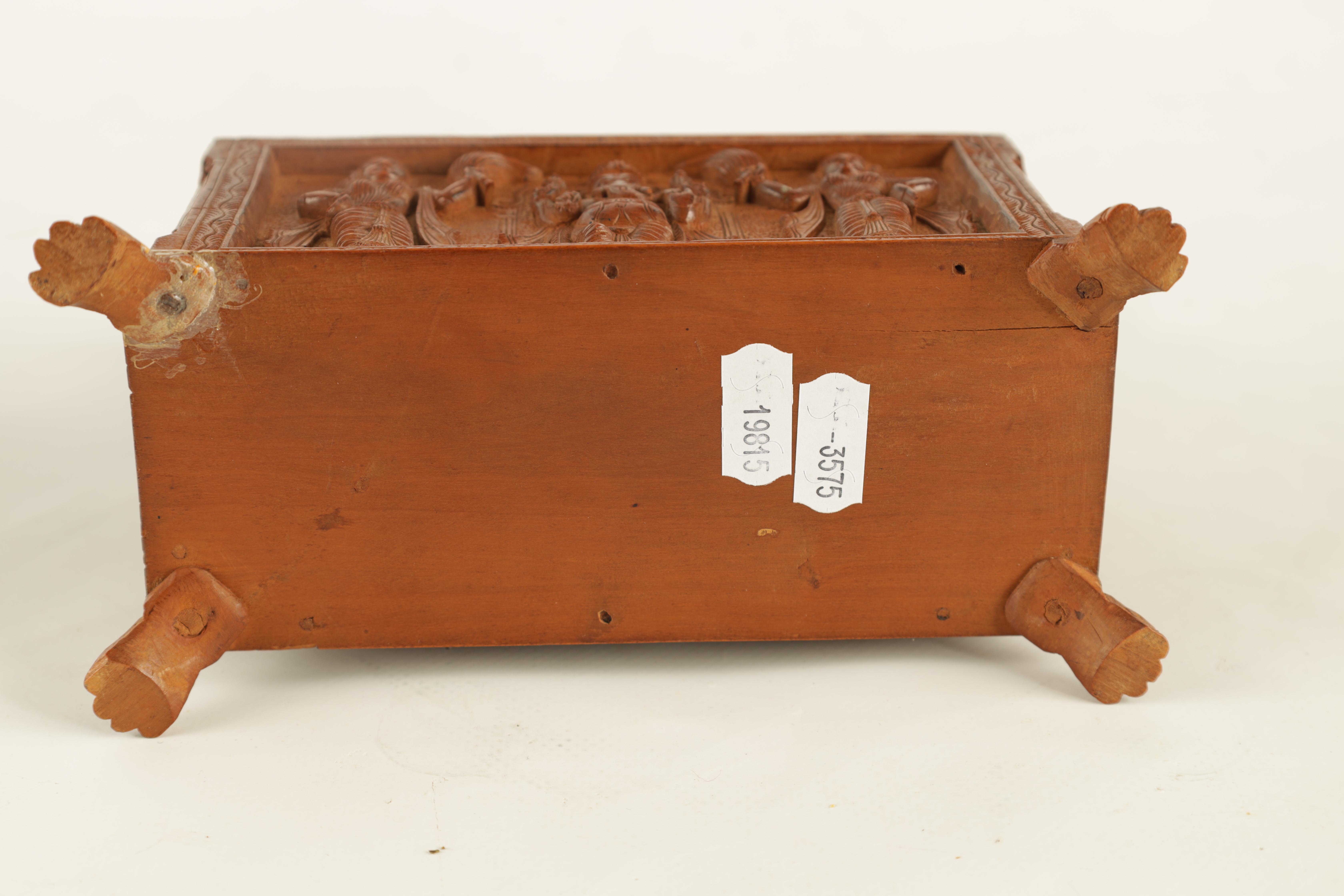 AN EARLY 20TH CENTURY ANGLO-INDIAN CARVED SANDALWOOD BOX with relief carved panels of various Indian - Image 8 of 8