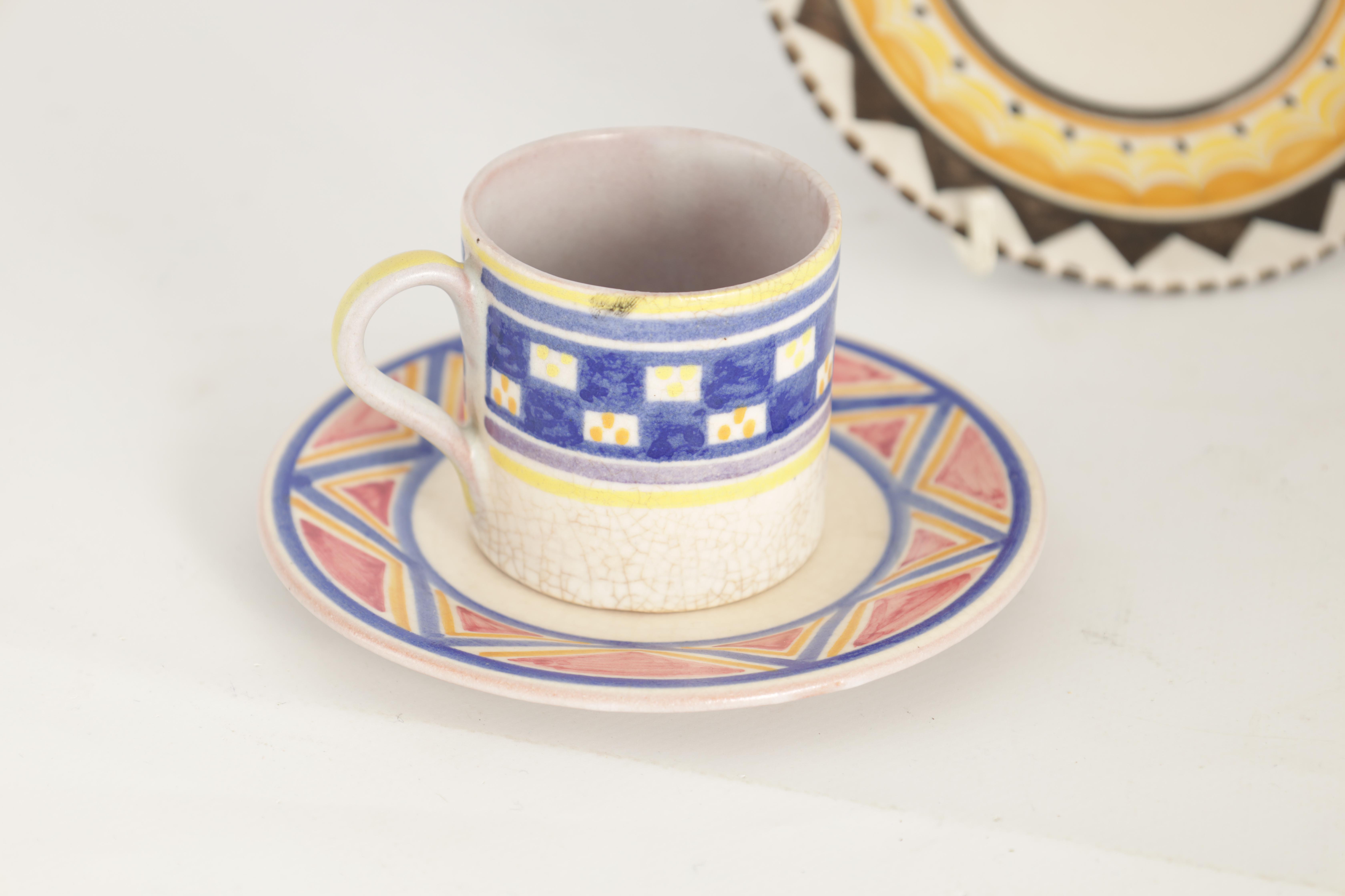 A COLLECTION OF POOLE GEOMETRIC PATTERN TEAWARE including cups, saucers and three teapot stands - Image 2 of 8