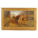 E. RICHARDSON AN EARLY 20TH CENTURY OIL ON CANVAS depicting workhorses logging 43cm high 79cm wide
