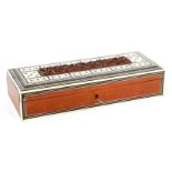 A 19TH CENTURY ANGLO INDIAN FINELY INLAID IVORY VENEERED SANDALWOOD GAMES BOX of rectangular form,