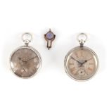 TWO 19TH CENTURY SILVER FUSEE POCKET WATCHES the silvered engine-turned dials with raised gold Roman