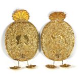 A RARE PAIR OF LATE 17TH / EARLY 18TH CENTURY OVAL REPOUSSE AND CHASED GILT BRASS GIRANDOLES having