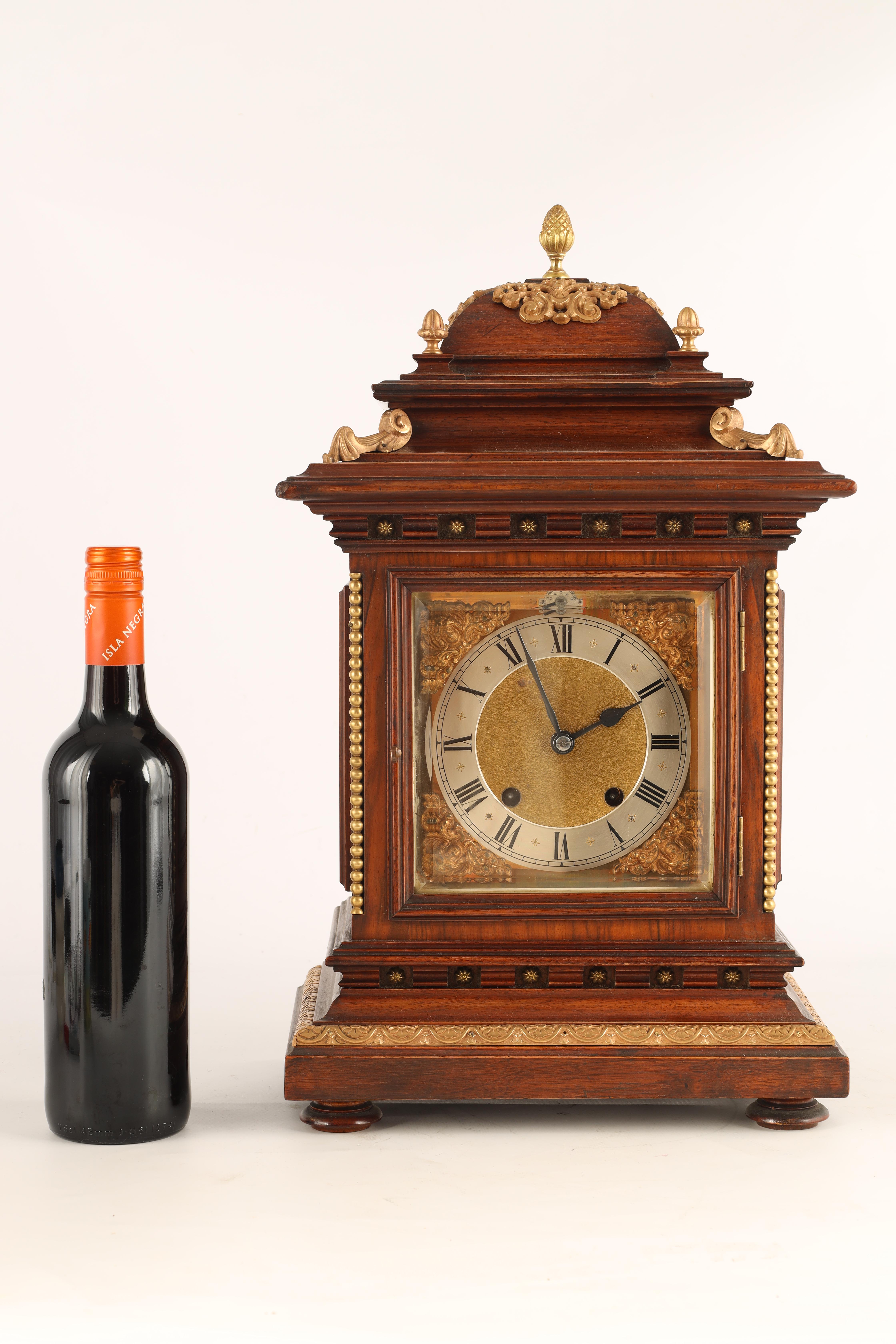 A LATE 19TH CENTURY GERMAN WALNUT ORMOLU MOUNTED BRACKET CLOCK the 6.5" square brass dial with - Image 2 of 8