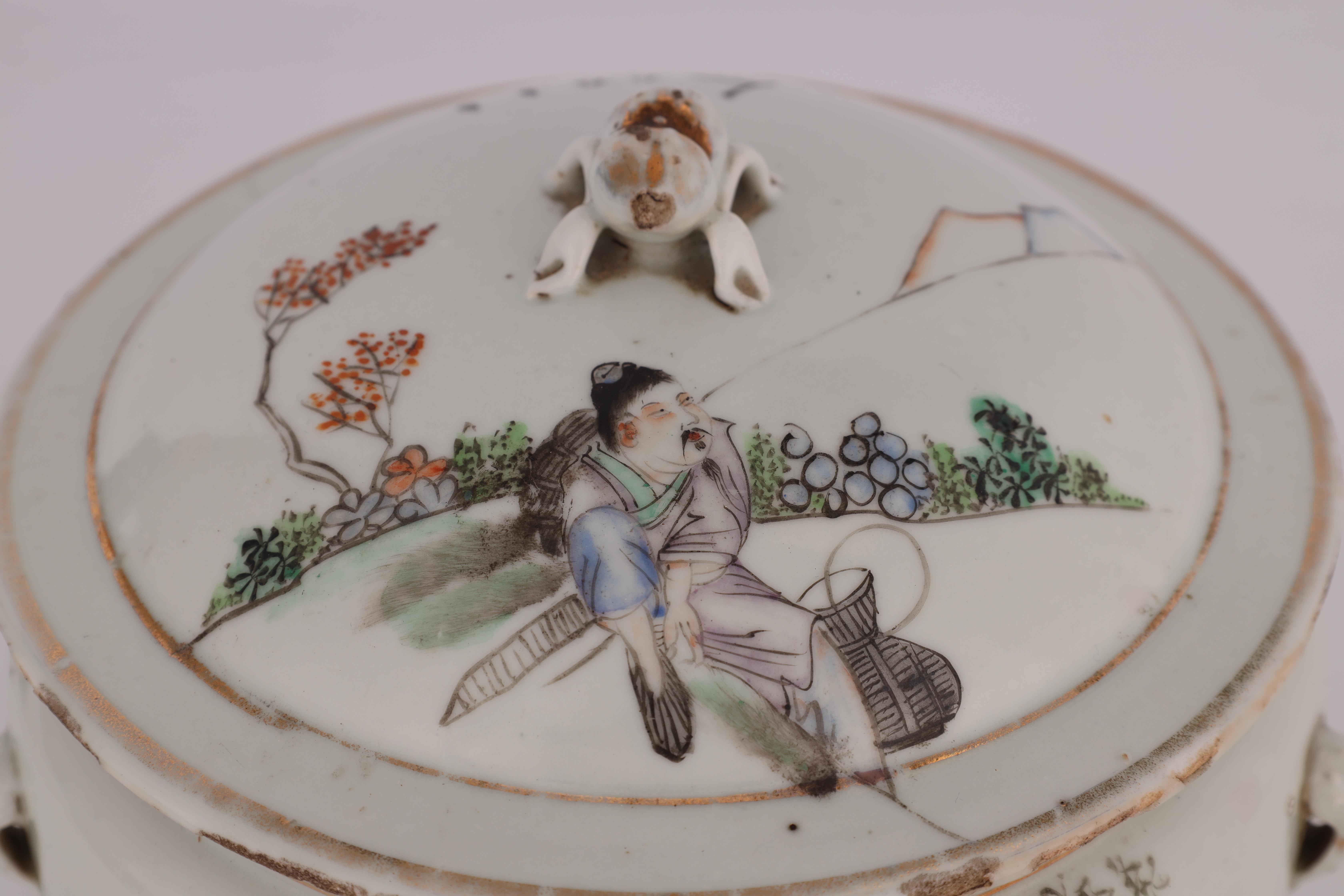 AN 18TH CENTURY CHINESE PORCELAIN FOOD JAR AND COVER decorated with figures in a tree lined - Image 4 of 11