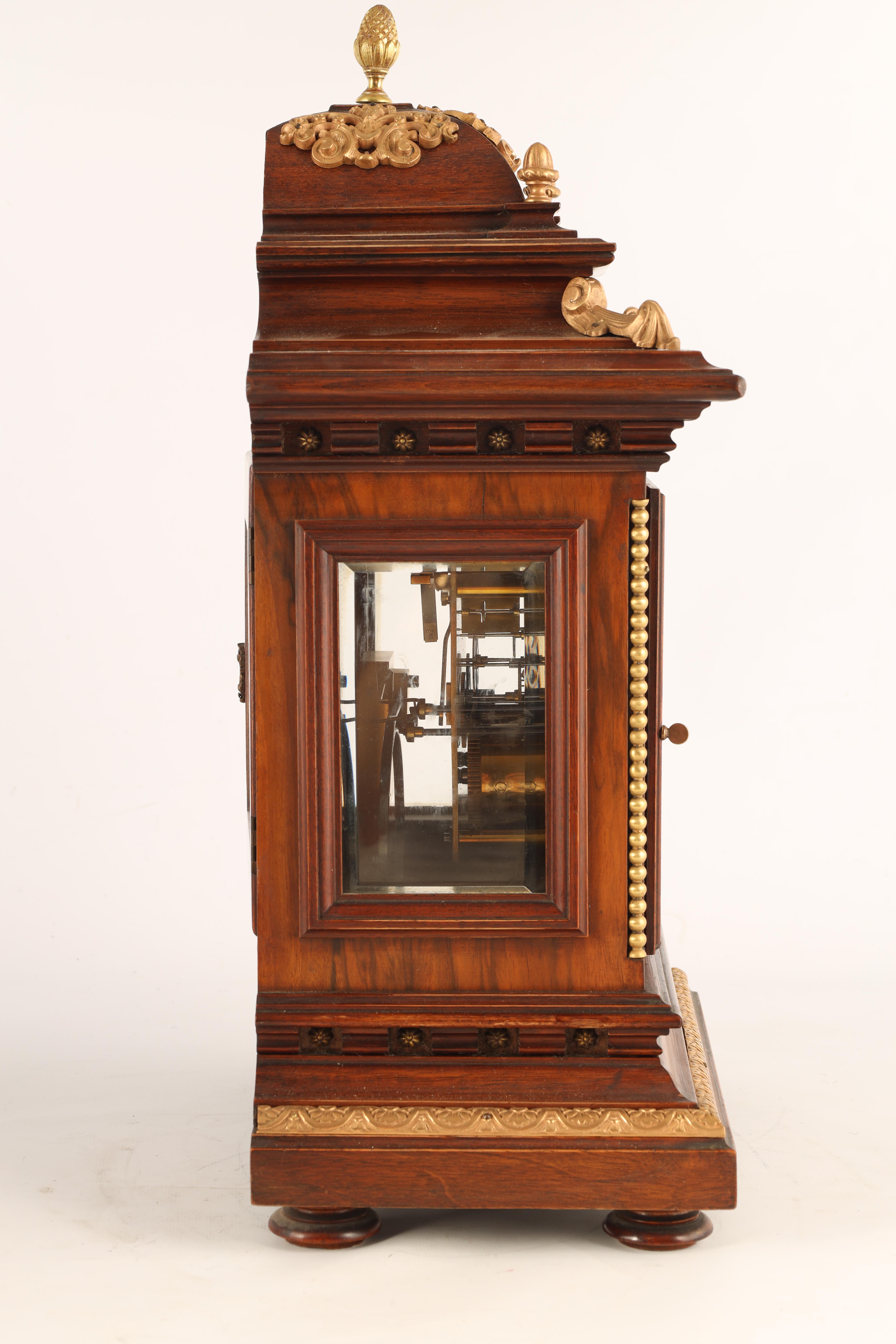 A LATE 19TH CENTURY GERMAN WALNUT ORMOLU MOUNTED BRACKET CLOCK the 6.5" square brass dial with - Image 5 of 8